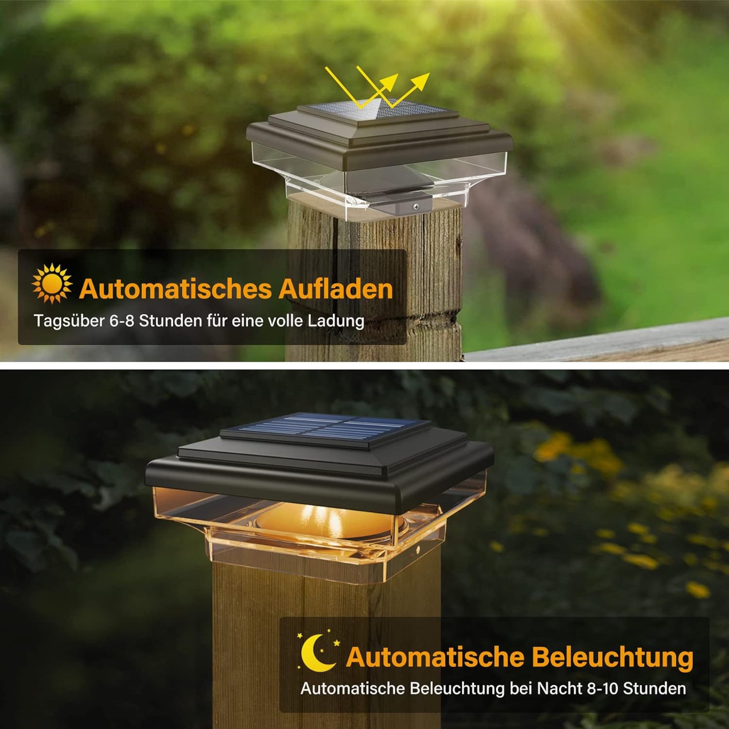 TUWENA Pfostenkappe 2 PCS Solar Pfostenkappen Licht Pfostenleuchte Außen Zaunpfosten Lampe (2 St), IP65 Wasserdicht für hölzerne Pfosten, Patio, Zaun beleuchtun – Bild 3 von 5