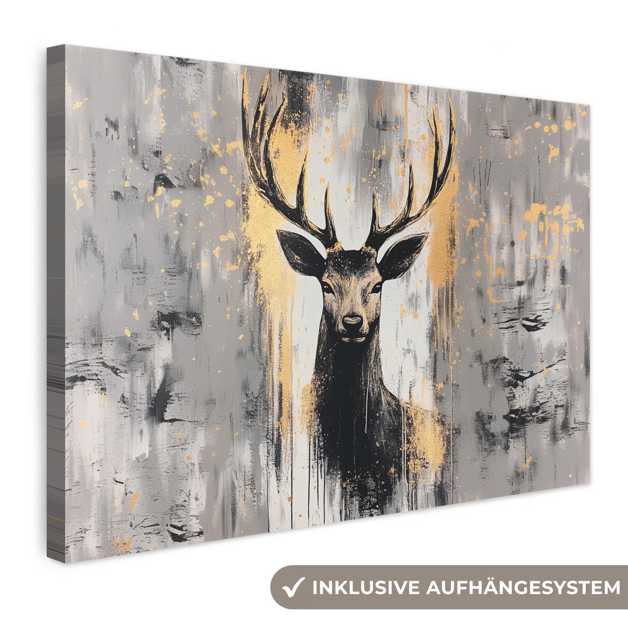 OneMillionCanvasses® Leinwandbild Abstrakt - Hirsch - Geweih - Gold, Fotodruck (1 St), Leinwand Bilder Klein, Wand Dekoration Aesthetic 30x20 cm