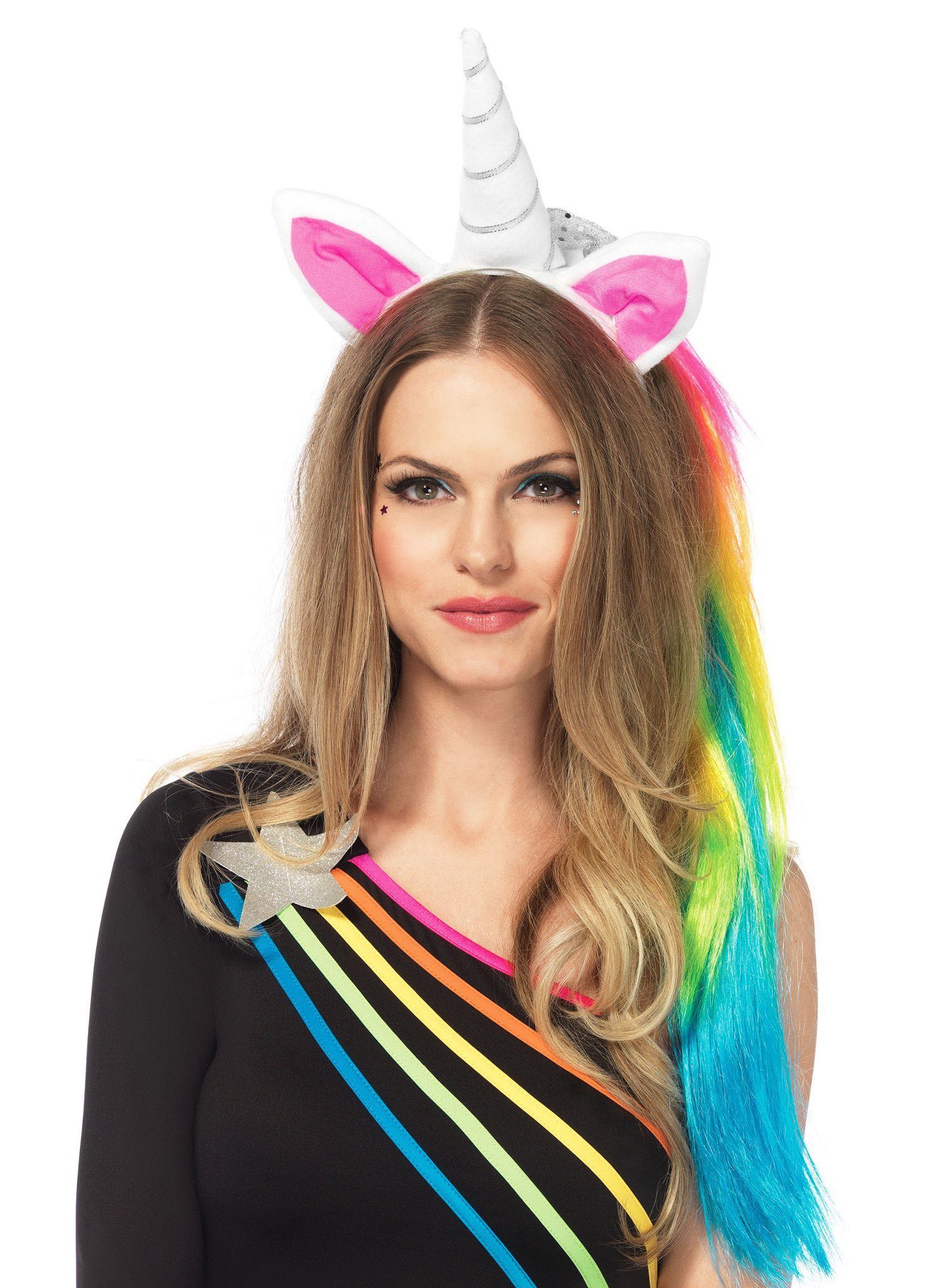 Leg Avenue Kostüm Einhorn Haarreif, Zauberhafter Haarschmuck mit Horn, Ohren und Regenbogen-Haar