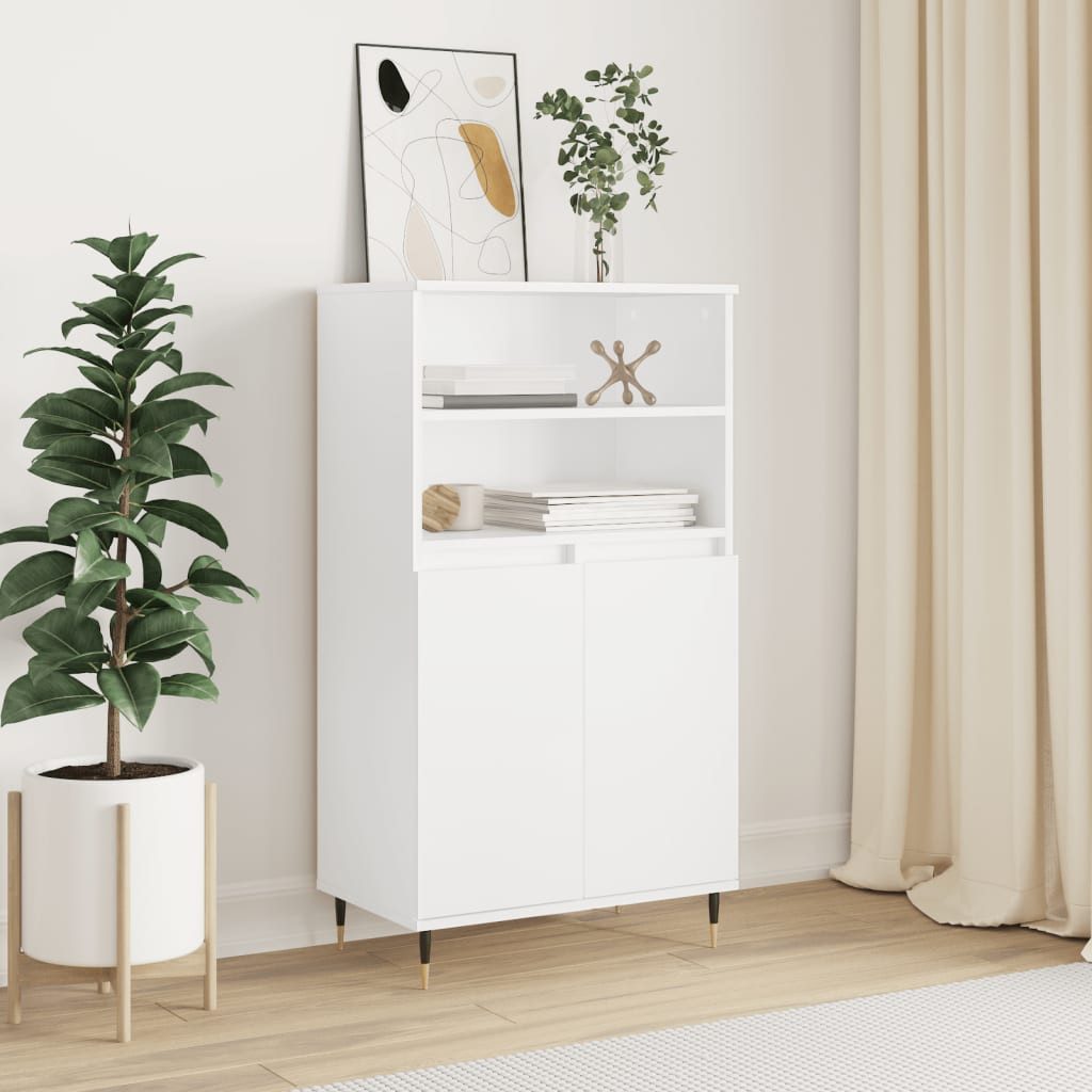furnicato Highboard Weißes 60 x 36 x 110 cm aus Holzwerkstoff und Metall (1 St), Stauraum-Sideboard mit sechs Fächern, Türen und Wandhalterung