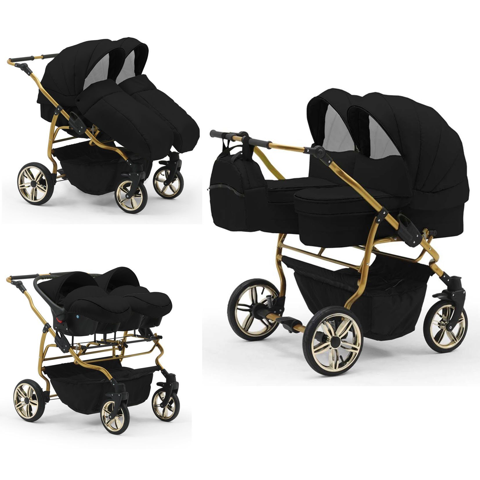 BabyMerc Zwillingswagen Duet Lux Gold 4 in 1 inkl. Sportsitze und Autositze in 20 Farben