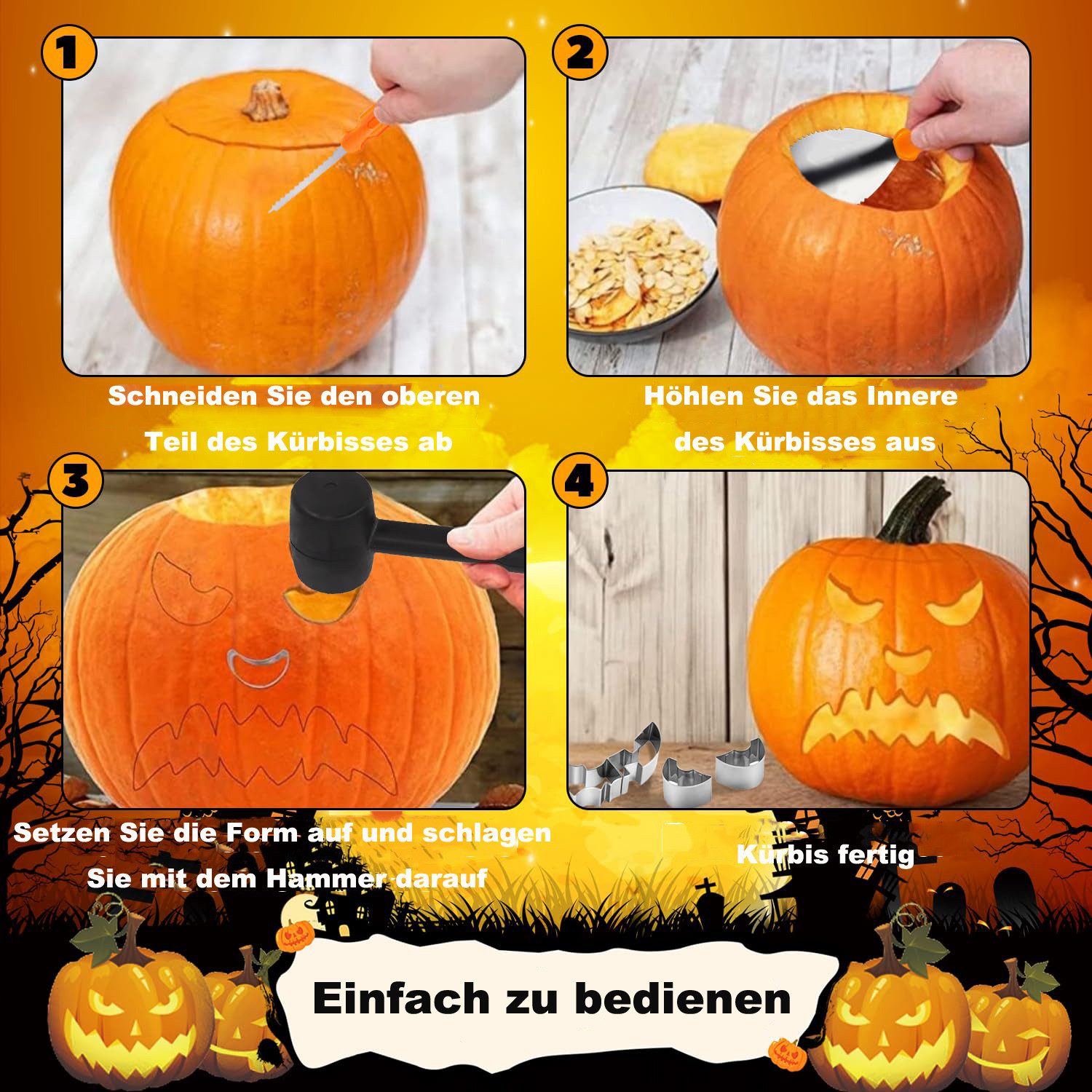 Bomiclss Dekoobjekt 13-teiliges Kürbis-Schnitzset, DIY Kürbisdeko für Halloween (13 St), Halloween Schnitzwerkzeuge für Familie – Bild 3 von 5
