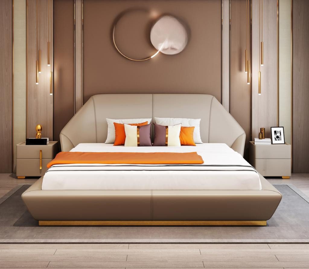 JVmoebel Bett Beiges Designerbett aus Holz mit Kunstlederbezug (1-tlg., Nur Bett), Made in Europa