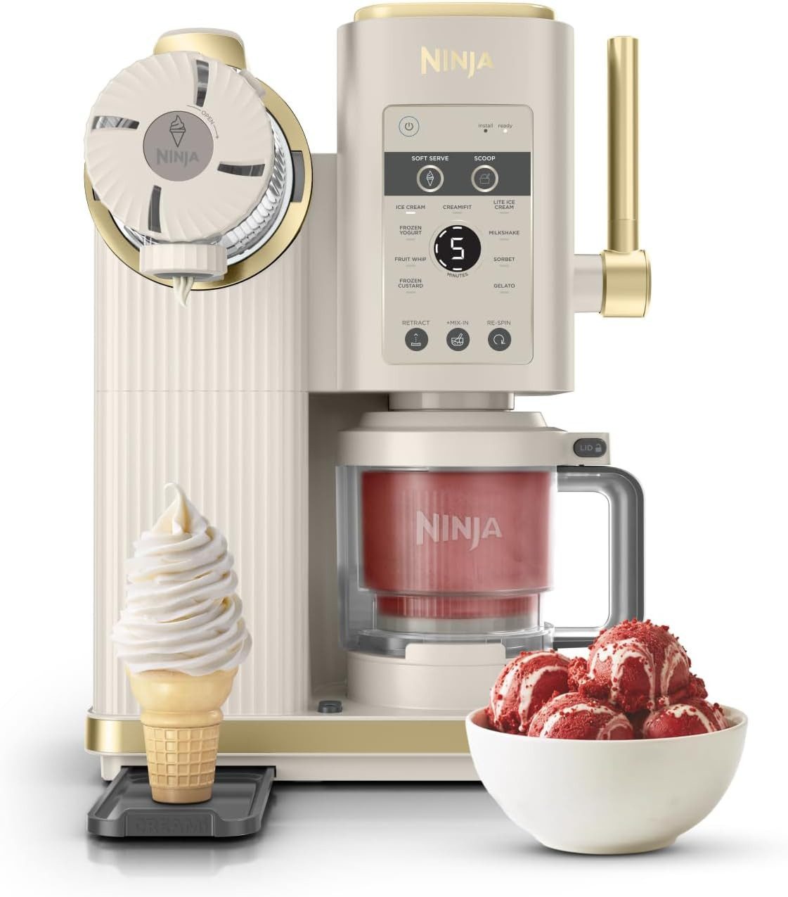 NINJA Eismaschine Ninja CREAMi Scoop & Swirl Eismaschine mit 2 Behältern, 13 Funktionen, 0,48 l, 800 W, Eiscreme, Softeis, Gelato, Sorbet, Milchshakes, Stone Gold NC701EUSTGD