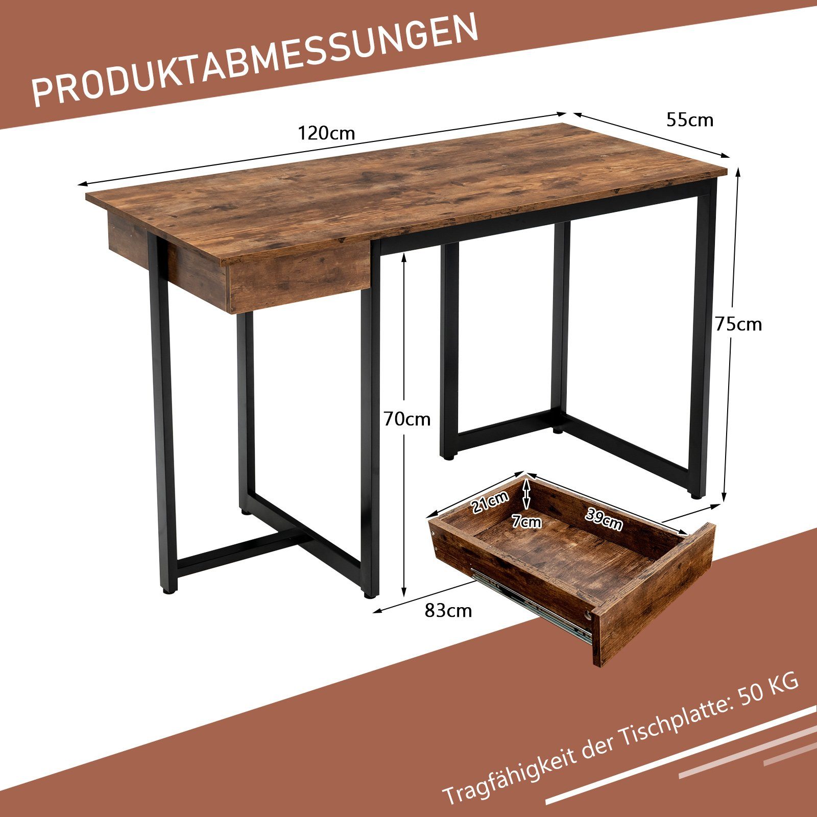 COSTWAY Schreibtisch, mit Schublade, Metallgestell, 120x55x75cm Holz, Braun