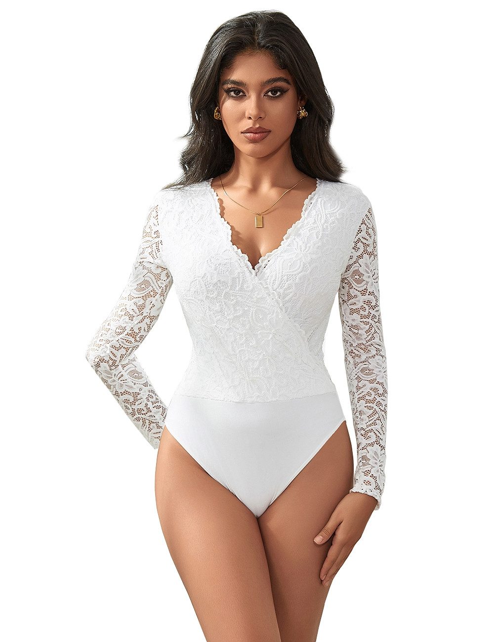 Body Langarm Spitze Bodysuits Weiß Unterwäsche Blumen Reizwäsche S/XL