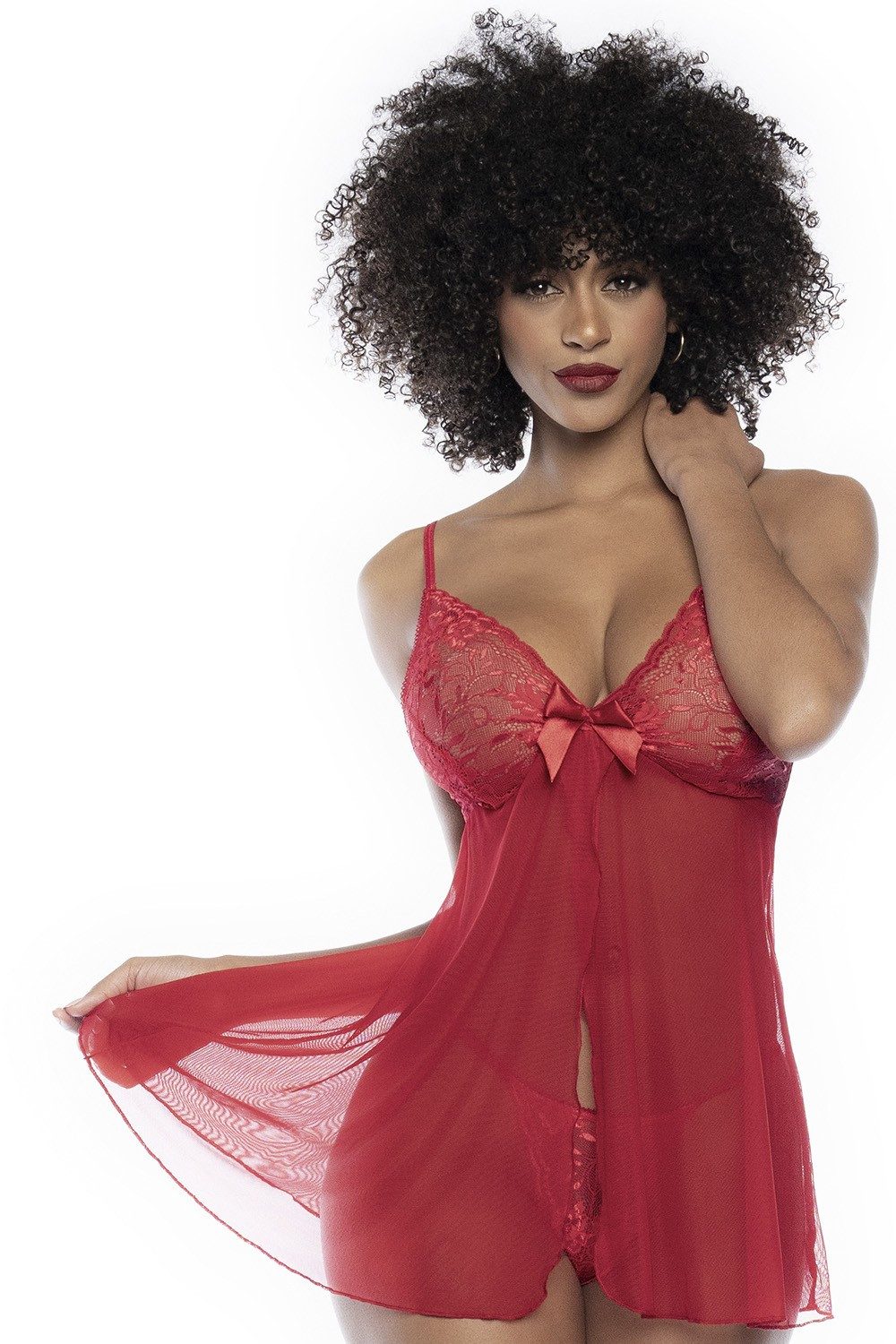 Mapale Babydollkleid Rotes geschlitzes Babydoll mit String Tanga aus floraler Spitze und Ne
