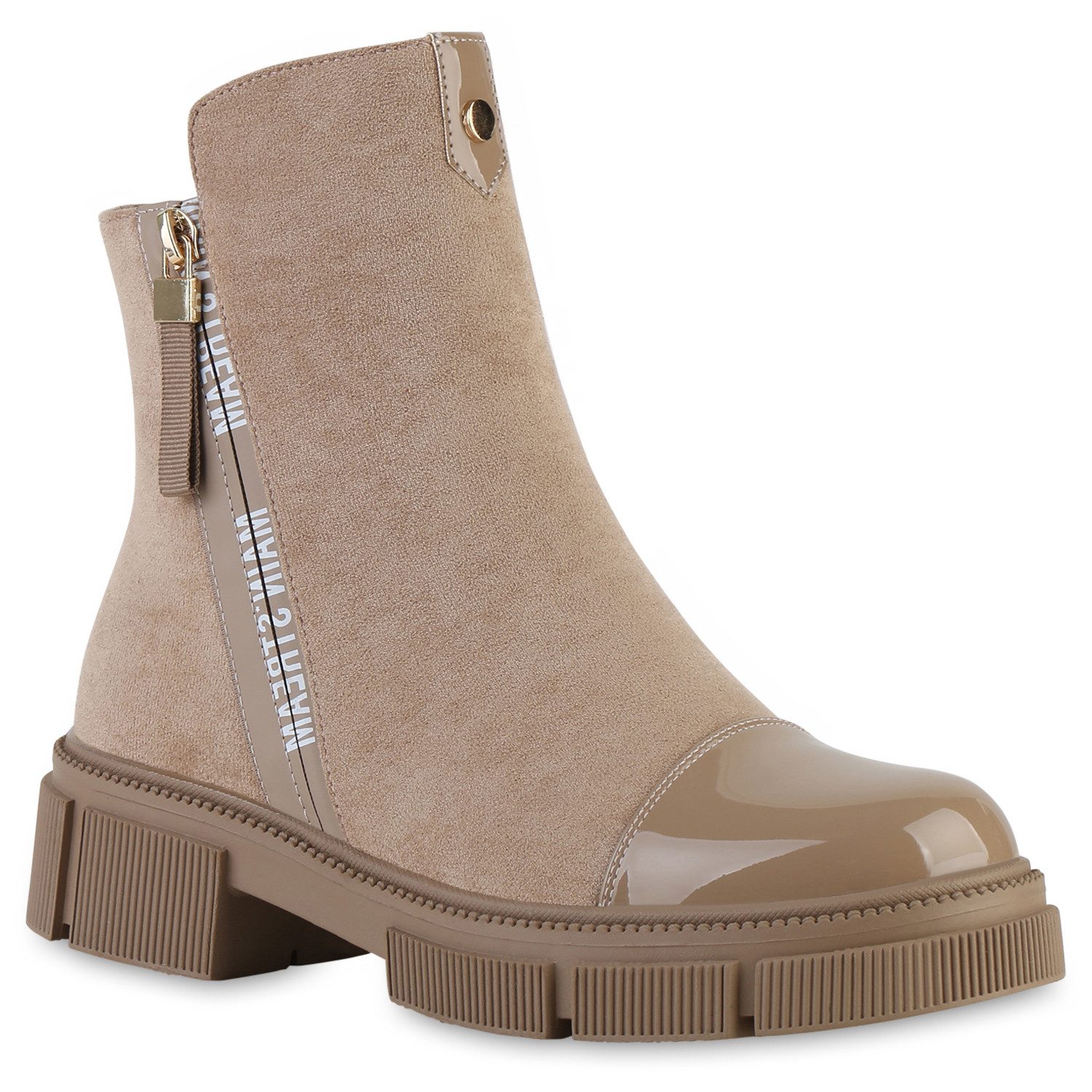 VAN HILL 841819 Stiefelette Elegante Damen Stiefelette mit Lack Zipper und Zierschnalle