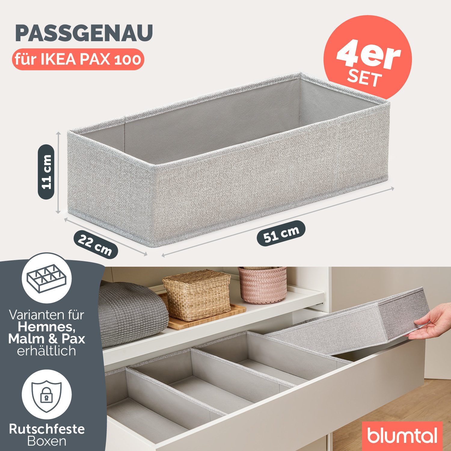 Blumtal Faltbox Kompatibel HEMNES, MALM, PAX Organizer Ordnungssystem Kleiderschrank (4 St), Faltboxen für BHs, T-Shirts - Boxen für Schrank