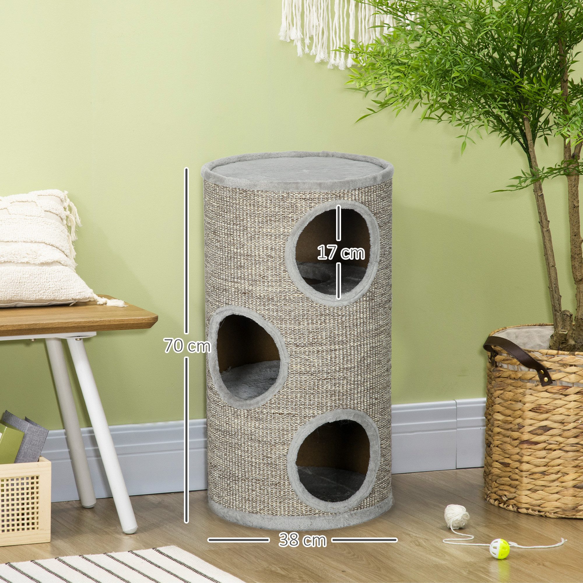 PawHut Kratztonne Höhe 70 cm, 3 Ebenen, mit 3 Höhlen, (Katzenmöbel, 1-tlg., Kratzturm), aus Sisal, Katzenmöbel, Plüsch, Grau