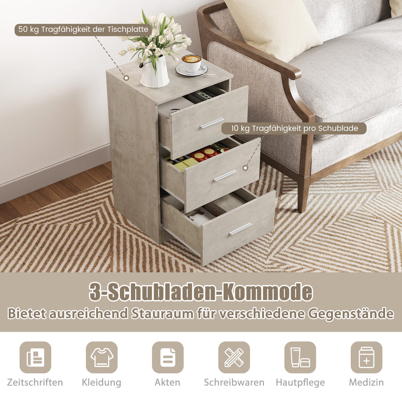 COSTWAY Nachttisch (1-St), mit 3 Schubladen, Büroschrank Beistelltisch 37x34x66,5cm