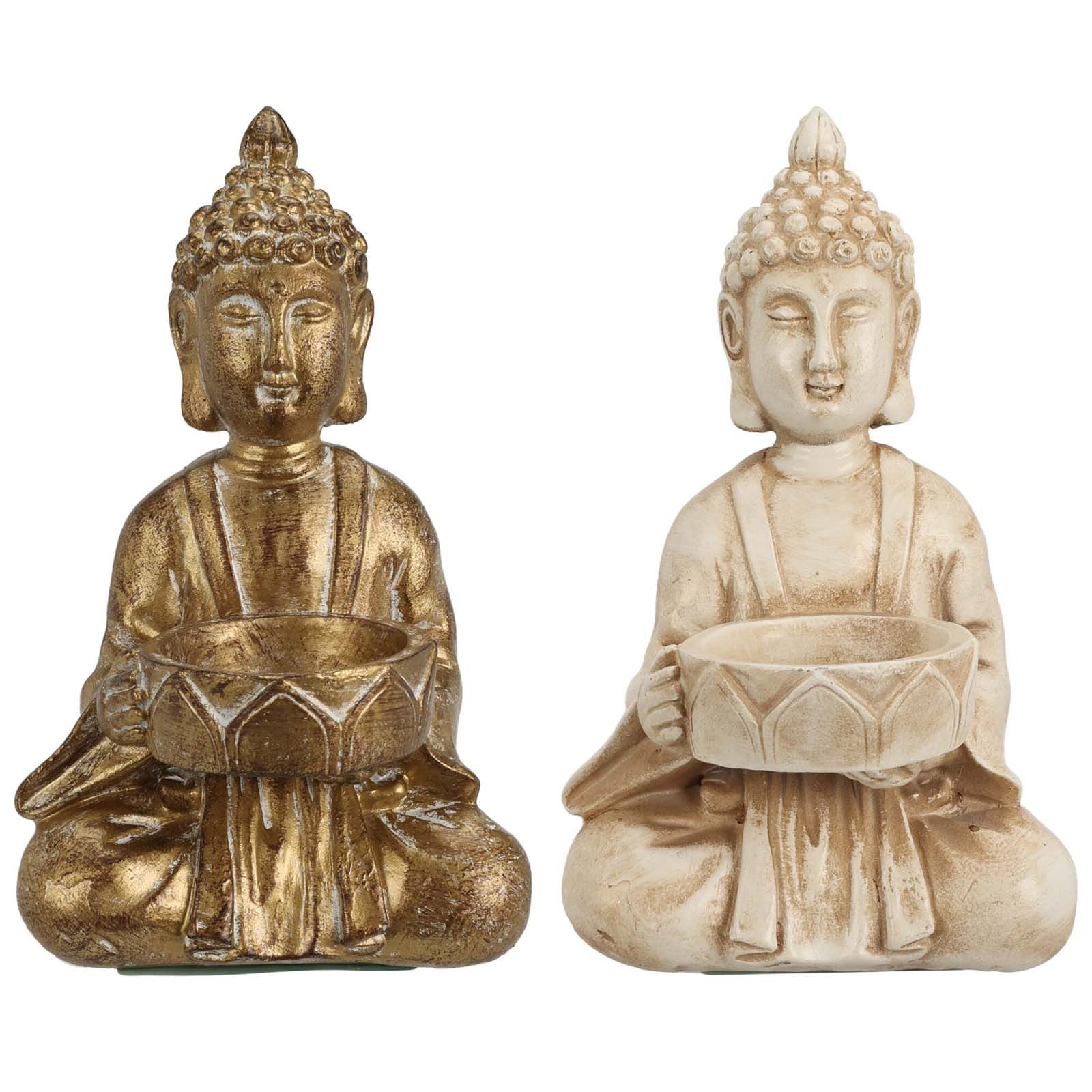 HAC24 Настольные лампы Buddha Figur Teelicht Halter (2 St), Höhe 14 cm aus Harz Gold und Weiß