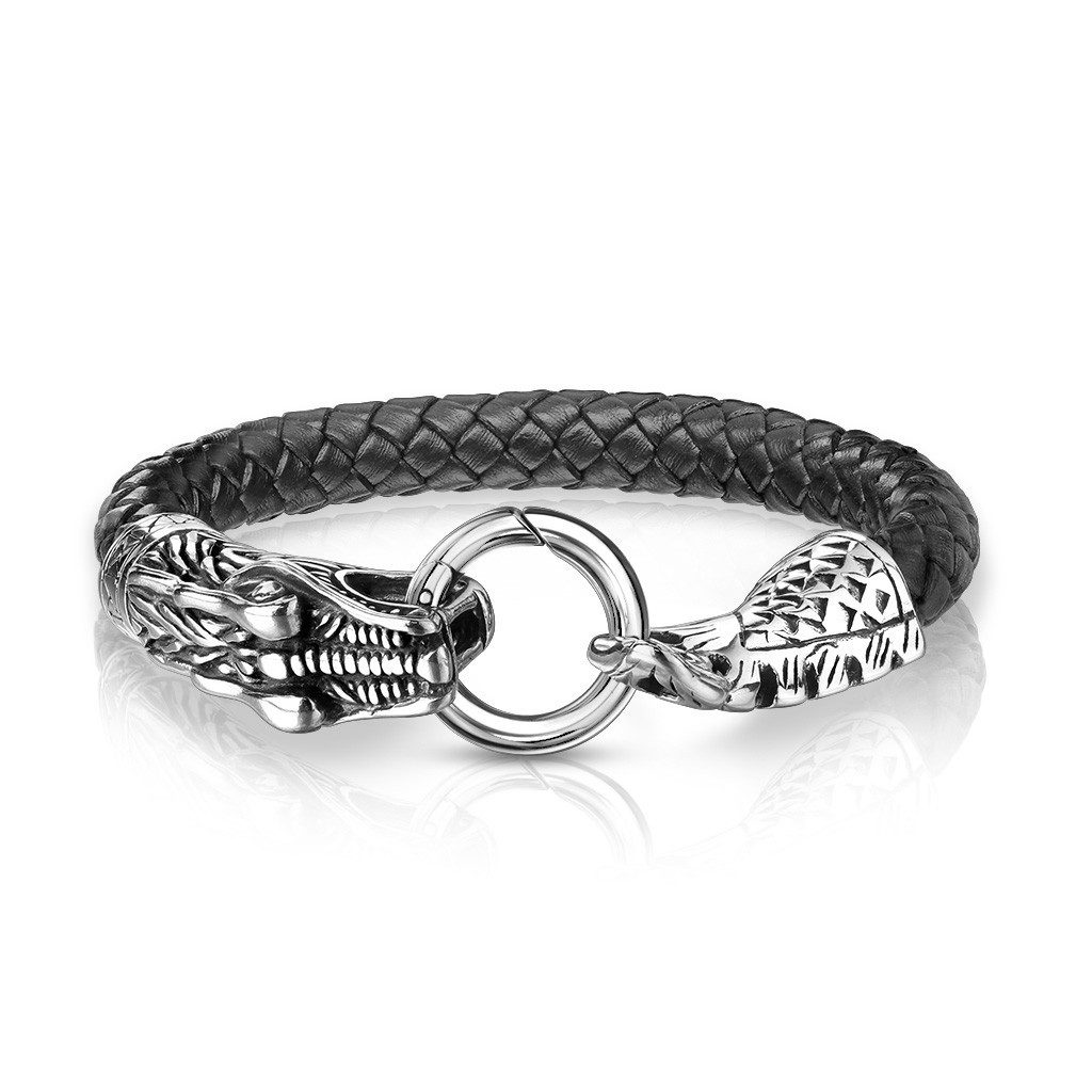 BUNGSA Armband Armband Drachen Silber/Schwarz aus Edelstahl/Leder Unisex (1 Armband, 1-tlg), Bracelet Armschmuck