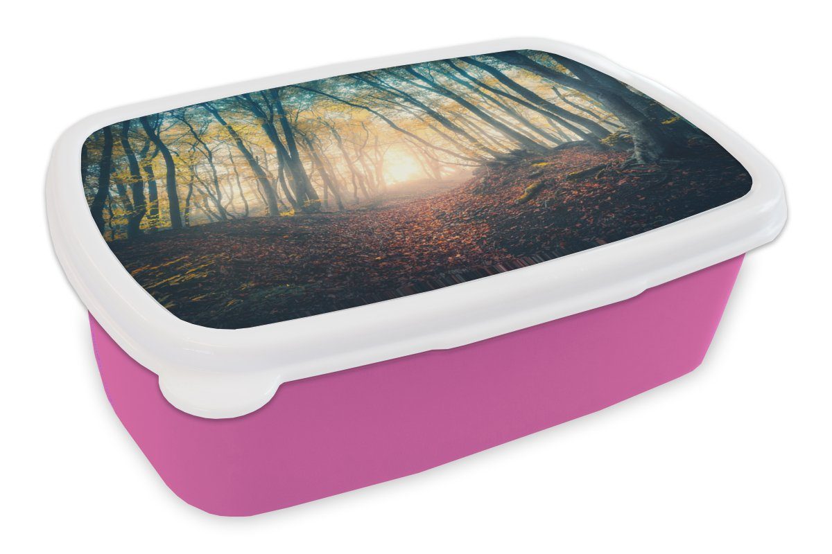 MuchoWow Lunchbox Wald - Nebel - Sonne - Herbst, Kunststoff, (2-tlg), Brotbox für Erwachsene, Brotdose Kinder, Snackbox, Mädchen, Kunststoff rosa