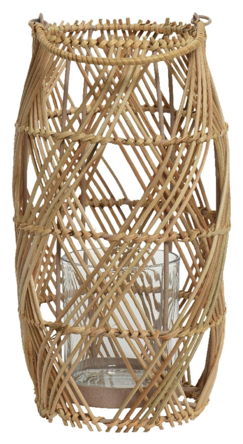 Windlicht EFFJOTT, Braun, Ø 18 cm, H 35 cm, Rattan, mit Glaseinsatz und Henkel