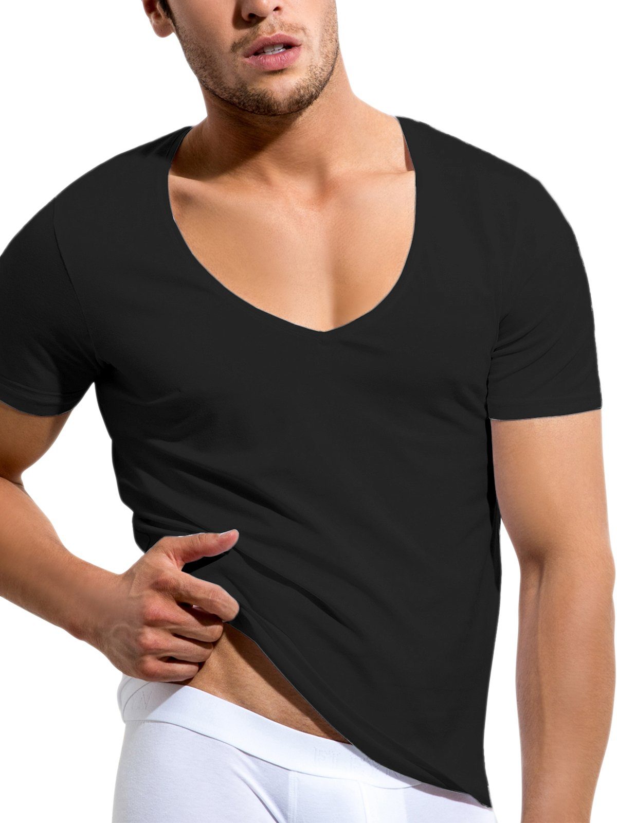 Fleyn Kurzarmshirt Deep V-Neck Shirt aus Bambus Qualität Viskose Jersey  Schwarz, FLY601