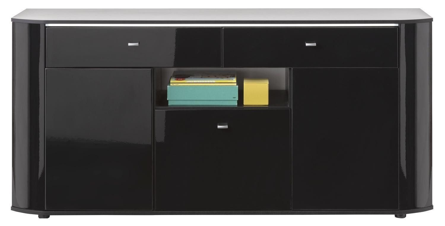 Sideboard ODESSA, Schwarz Hochglanz, Schwarz matt, 3 Türen, 2 Schubladen, inkl. LED-Beleuchtung, B 180 x H 86 x T 38 cm
