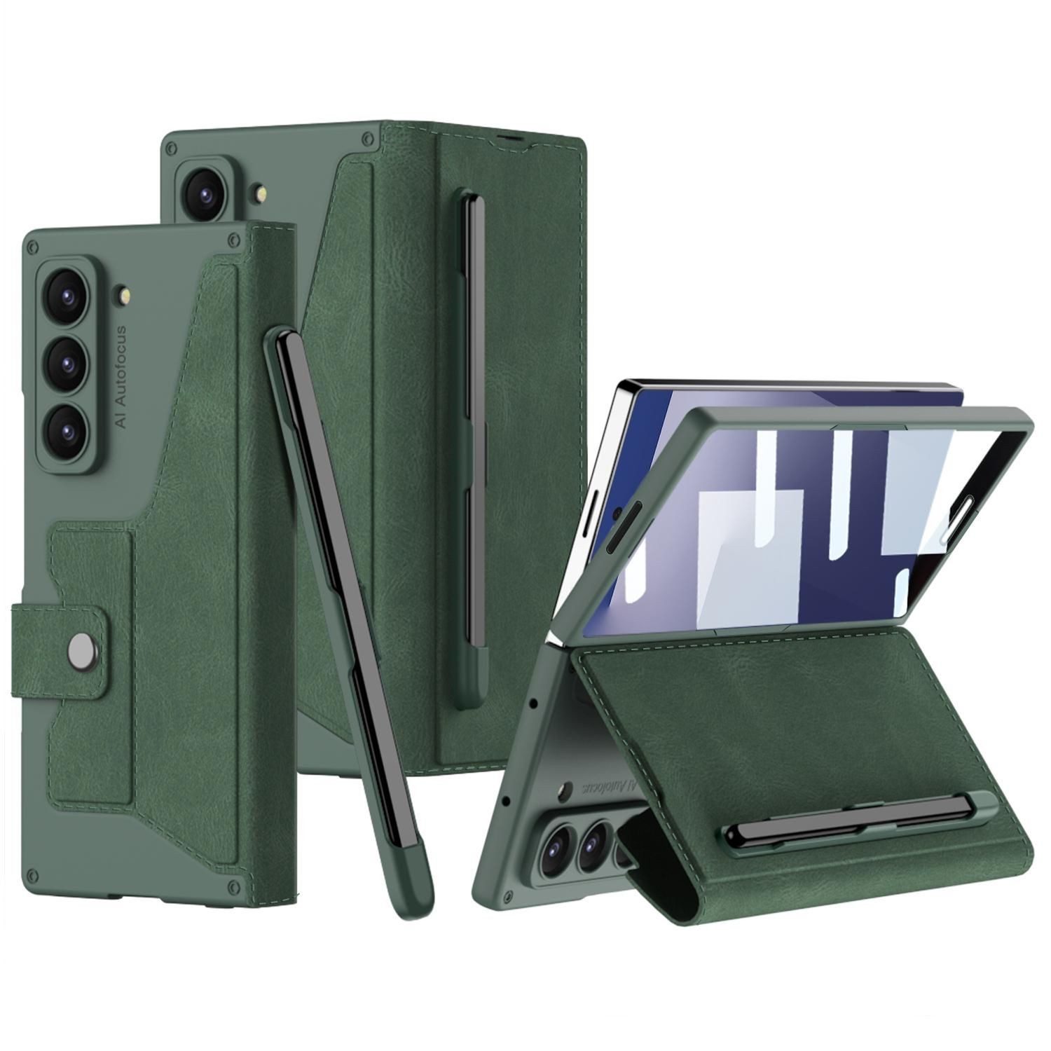 Wigento Handyhülle Für Samsung Galaxy Z Fold7 5G GKK Flip Leder Hülle Stifthalter Grün, Flip Leder Hülle mit integriertem Stifthalter