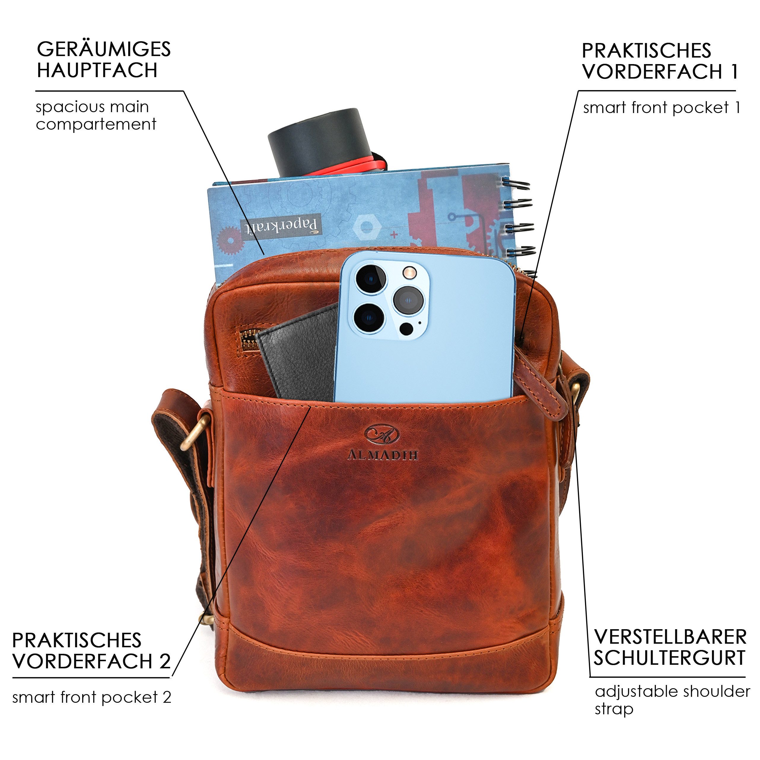 ALMADIH Umhängetasche Leder Herren NOAH braun - Kompakte Ledertasche für Reisen & Alltag – Bild 3 von 5