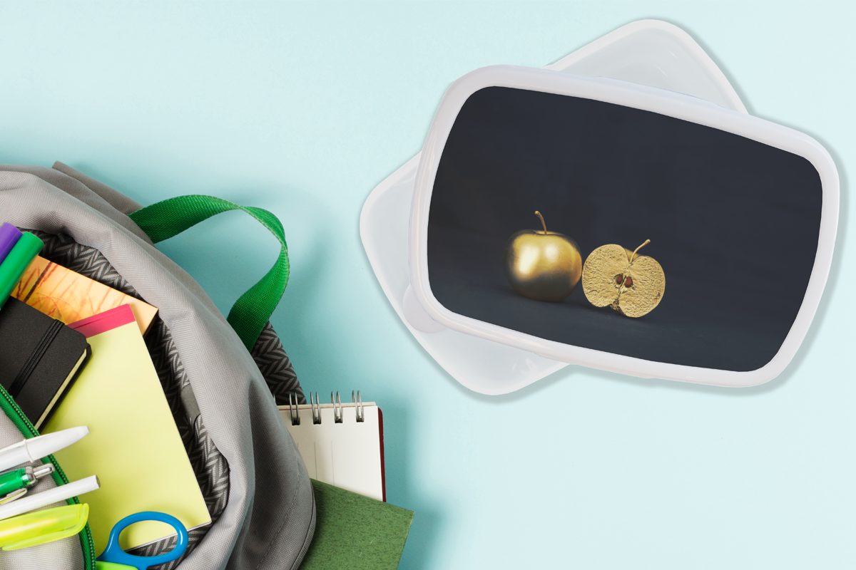 MuchoWow Lunchbox Stilleben mit einem Apfel schwarzem weiß Kinder auf Brotbox für Hintergrund, und Erwachsene, für (2-tlg), Kunststoff, goldenen Jungs Mädchen und Brotdose