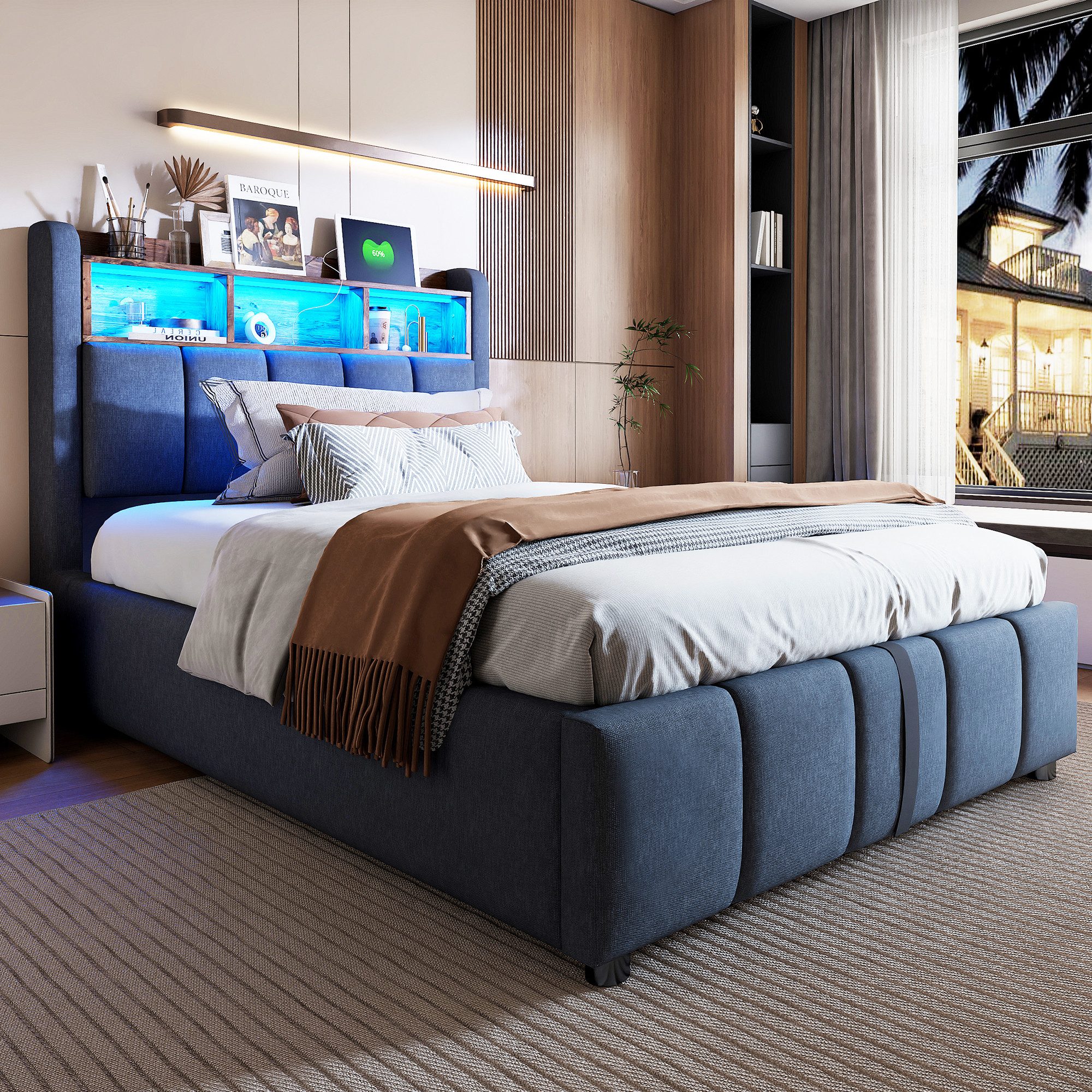 Flieks Polsterbett, LED hydraulisches Einzelbett 90x200cm mit USB-Aufladen günstig online kaufen