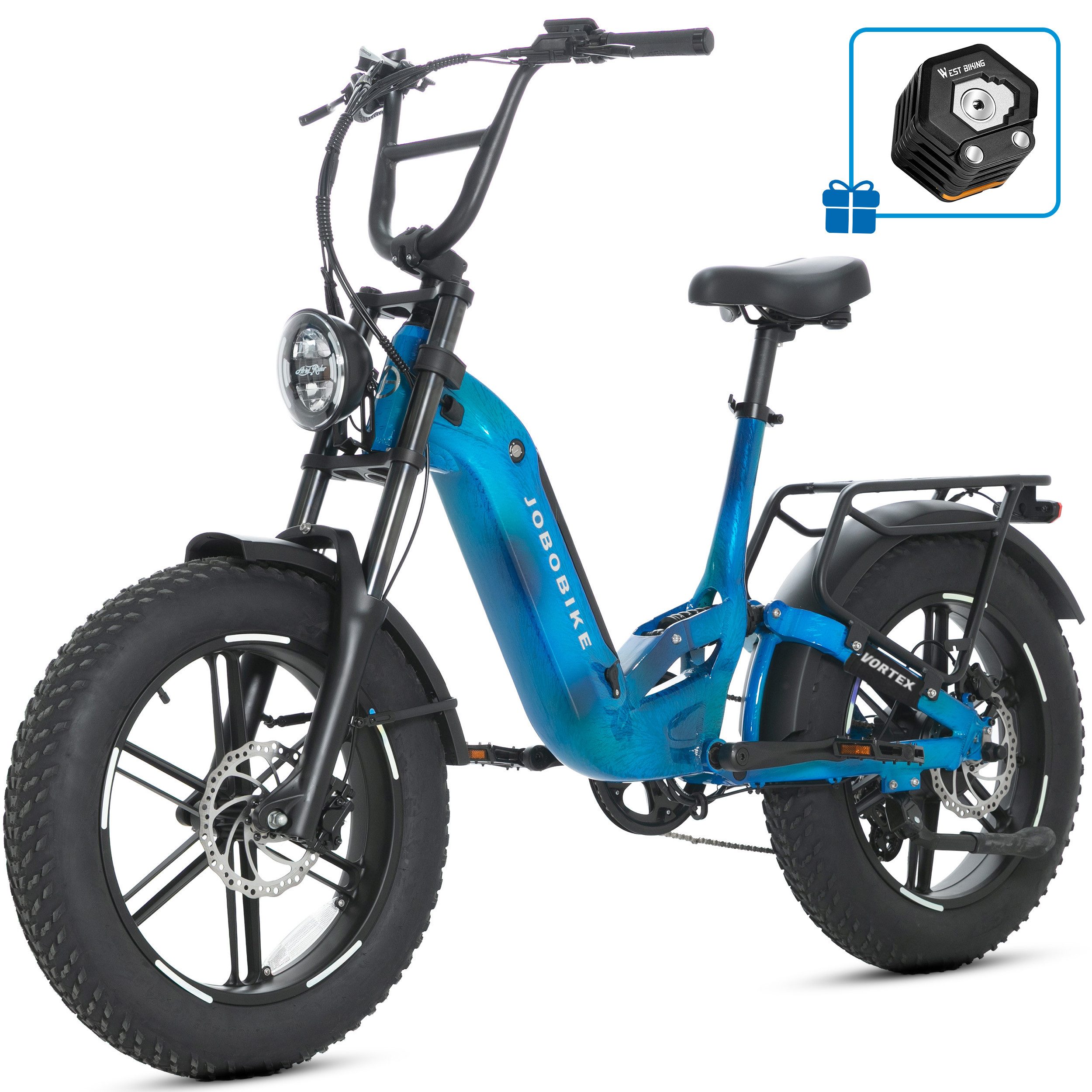 JOBOBIKE E-Bike Mountainbike 20 Zoll, 48V 720Wh, 150km, Fully, Vollfederung, Fatbike, MTB, 7 Gang Shimano, Kettenschaltung, Heckmotor, 720 Wh, (Lockout-Federgabel, Softtail, mit Bremslicht, 130 Lux Frontlicht), Drehmomentsensor, Farbdisplay, Elektrofahrra