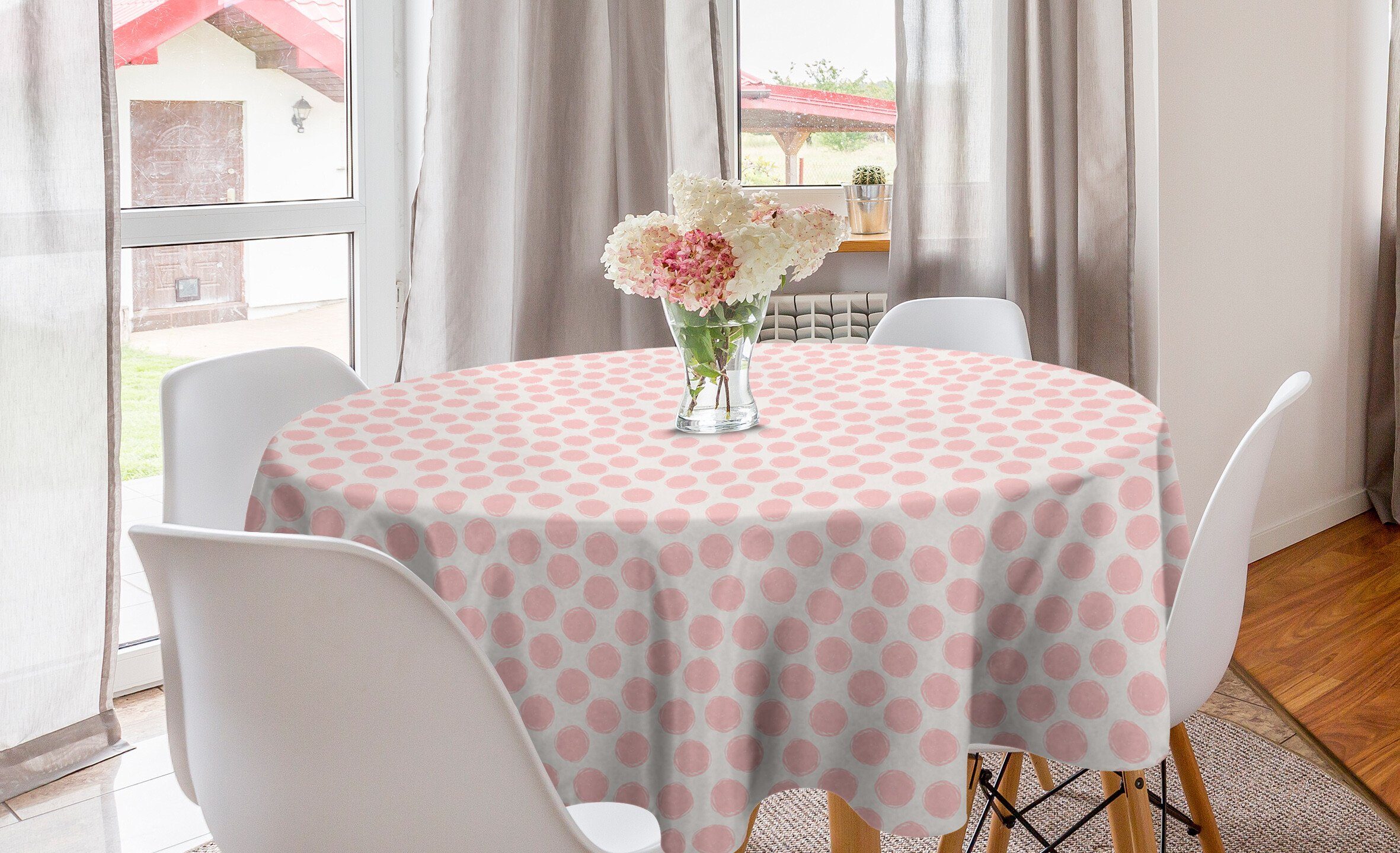 Abakuhaus Tischdecke Kreis Tischdecke Abdeckung für Esszimmer Küche Dekoration, Retro Hand gezeichnete Punkte in Rosa