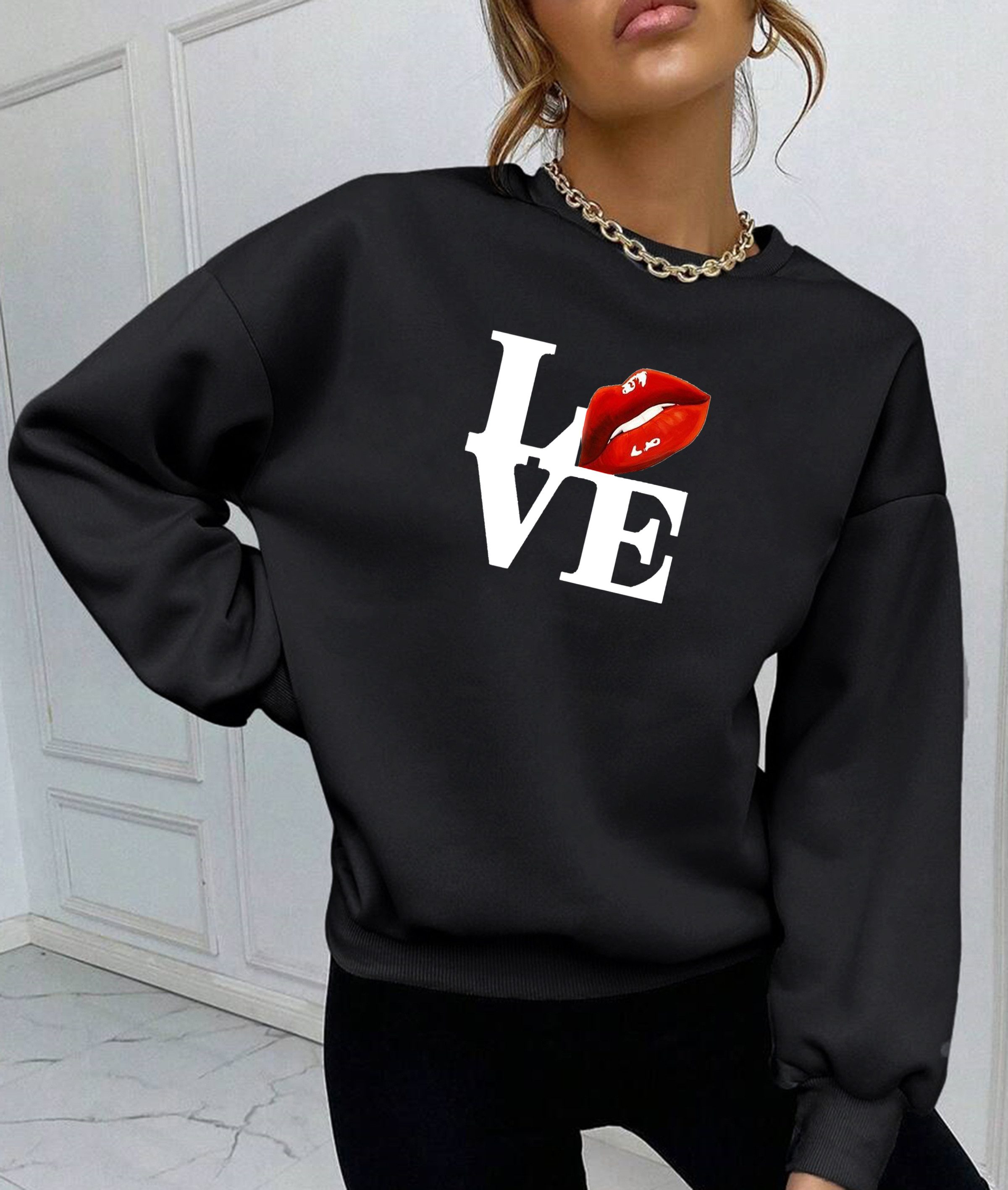 Rundhalspullover Damen Winter Pullover Oversize Love