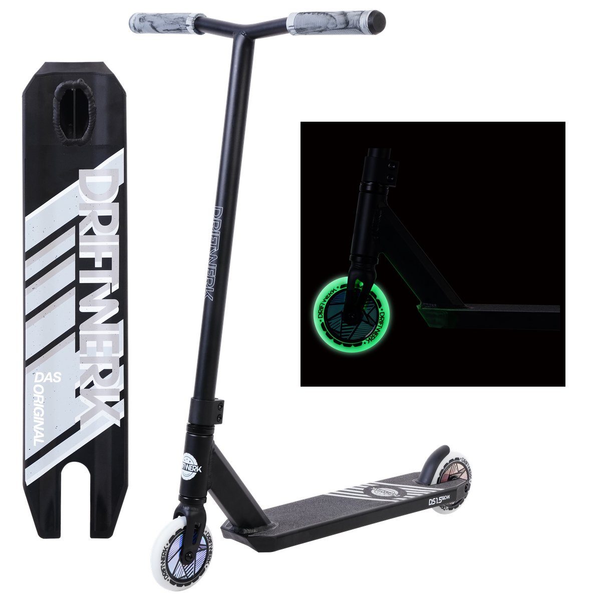Driftwerk Stuntscooter Freestyle Kinderroller Tretroller DS1.5 Glow in The Dark, Räder leuchten im Dunkeln