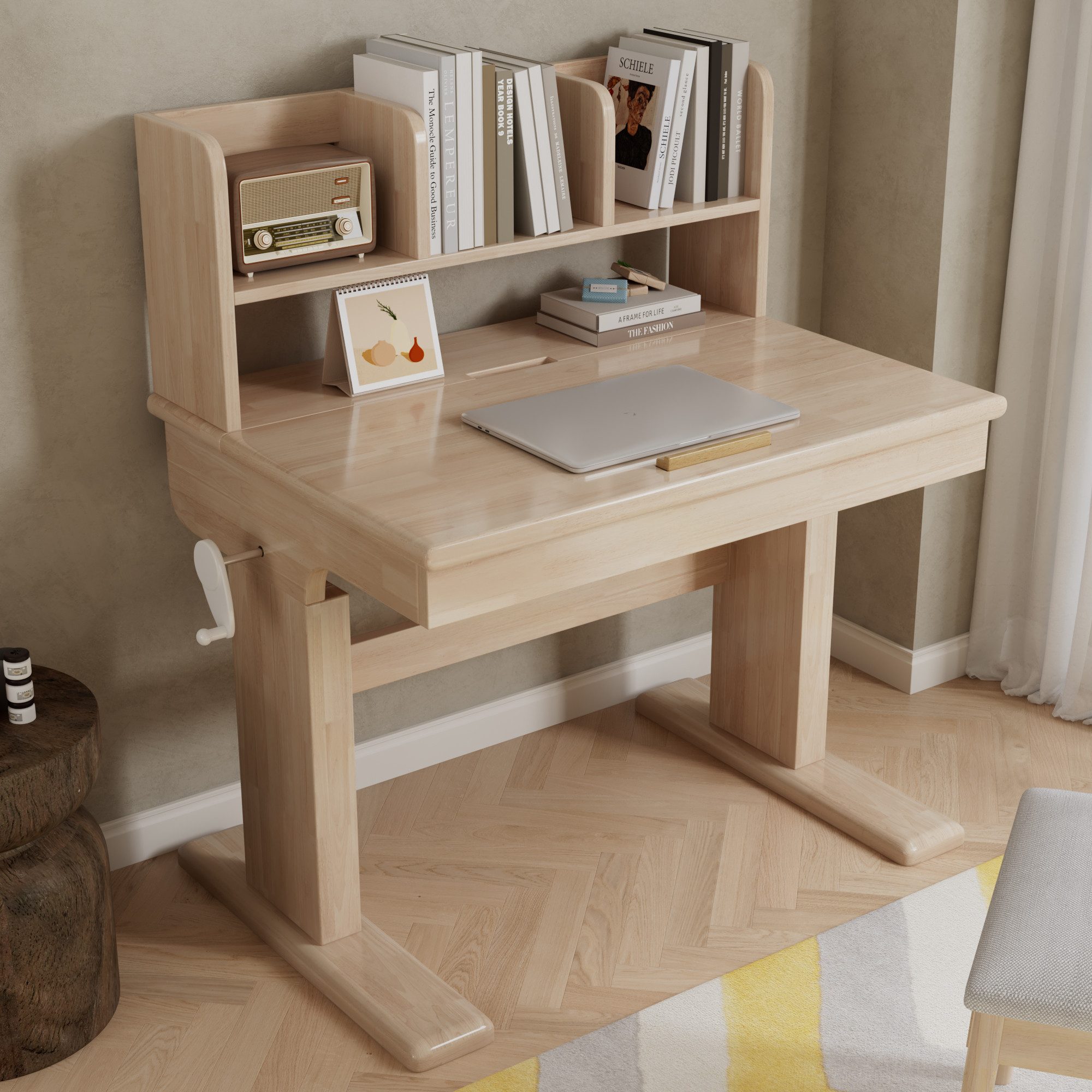 Flieks Kinderschreibtisch Höhenverstellbar, neigbare&klappbare Tischplatte 0°-43° & Bücherregal (B92/T60/H89-110,5 cm, 1-St., 1 Tisch), Multifunktional Schreibtisch aus Massivholz natur, ab 6 Jahren