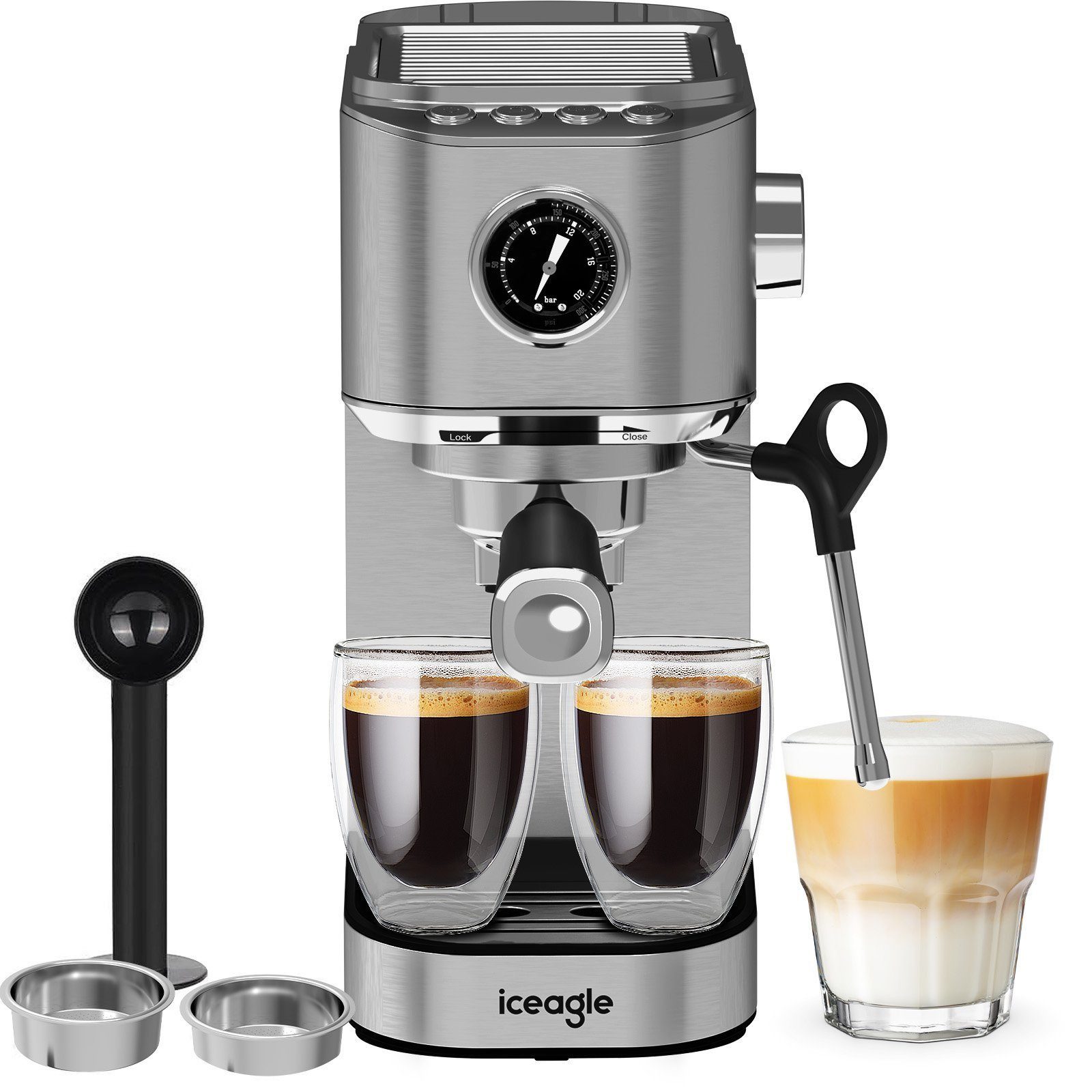 iceagle Espressomaschine Espressomaschine, Kaffeemaschine mit Milchschaumdüse, 1l Kaffeekanne, Korbfilter, mit Profi-Milchaufschäumer,20 Bar Hochdruckpumpe,mit 1L Wassertank