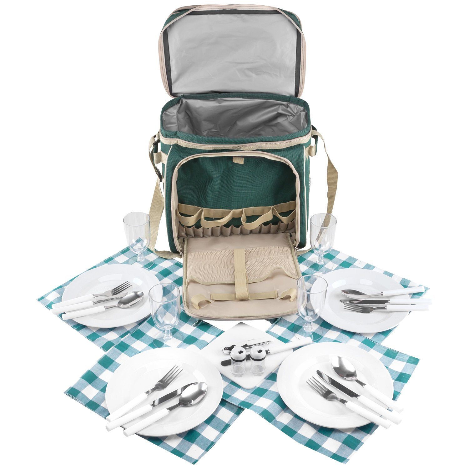 anndora Picknicktasche Umhängetasche Tragetasche + Zubehör 29-teilig, außenliegende Flaschenhalter - Austattung für 4 Personen