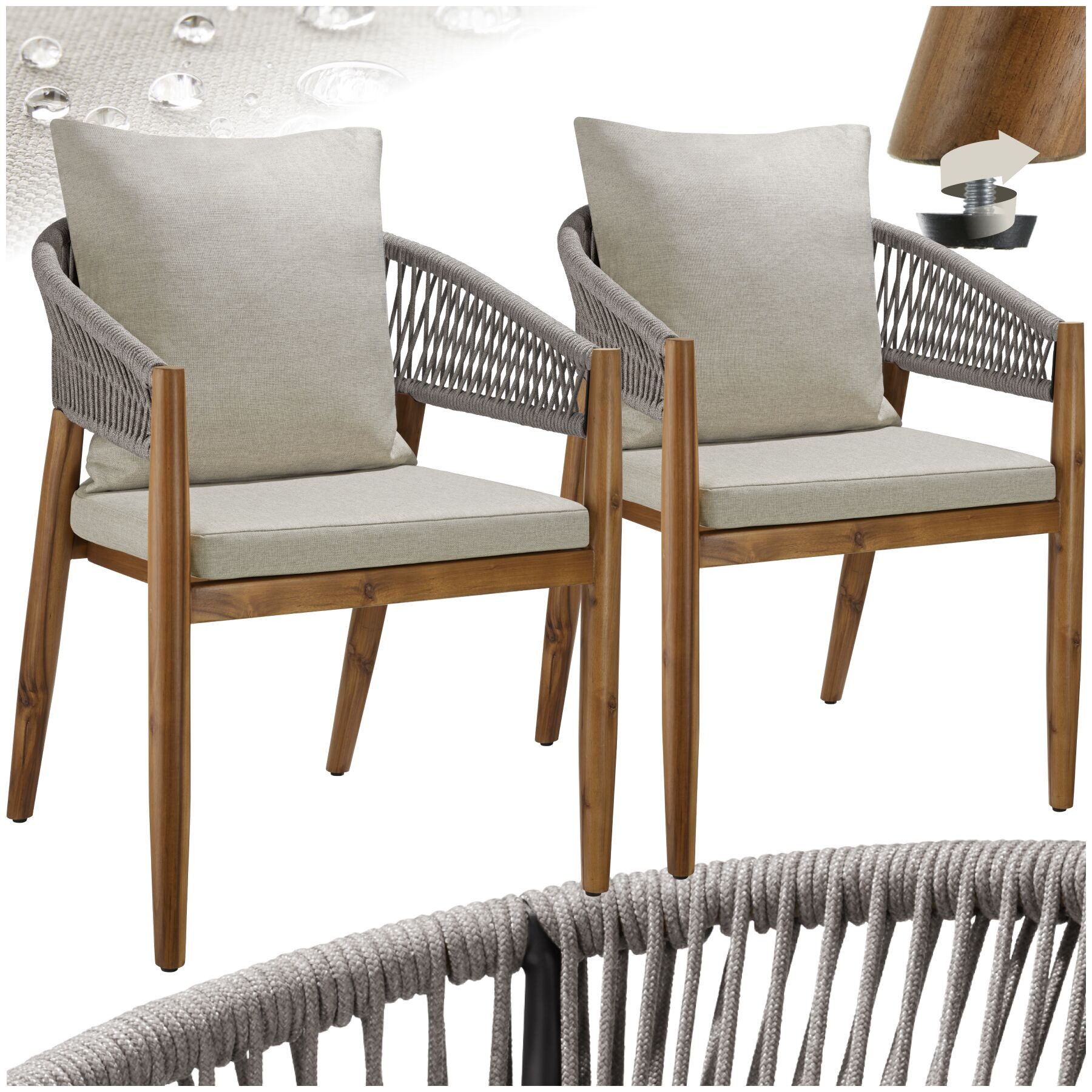 tectake Gartenstuhl Outdoor-Sessel aus Akazienholz, wetterfest, Rope-Design (Outdoor Stuhl Manacor, 2 St), höhenverstellbare Kunststofffüße, Belastbarkeit bis 120 kg