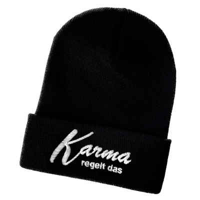 Schnoschi Strickmütze Wintermütze Karma regelt das (Long Beanie) bestickt Spruch Streetwear mit breitem Umschlag und Stickerei