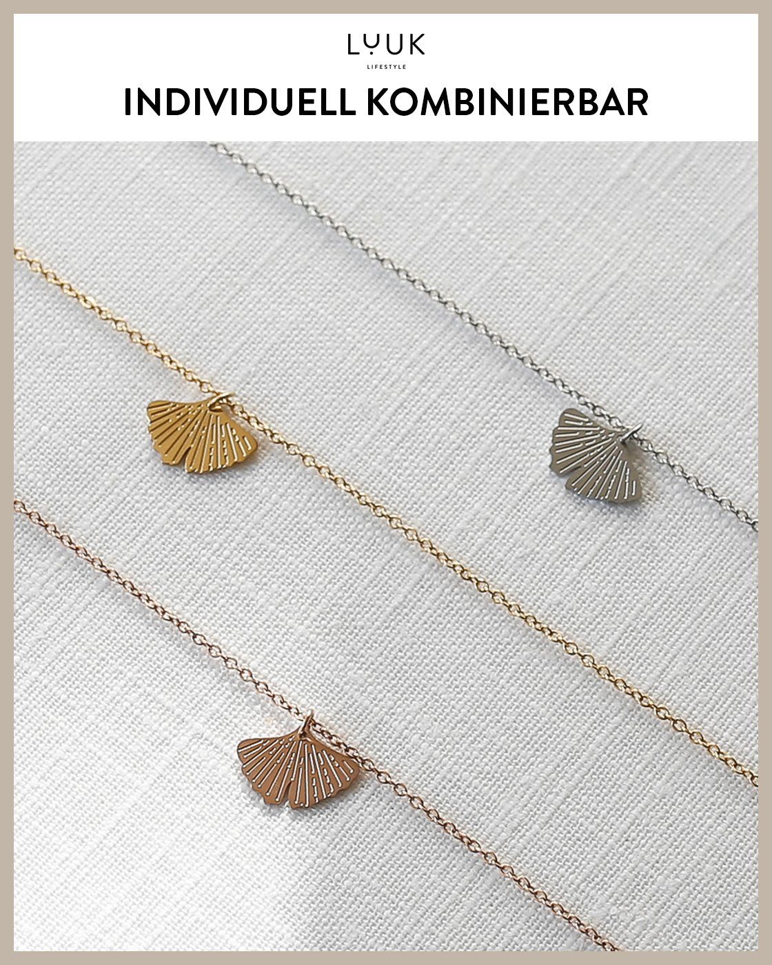 Kette und Freundschaftskette, Ginkgo, LUUK Anhänger Frauen und Teenagerin, Ginkgo trendige Anhänger LIFESTYLE Geschenkidee Edelstahl, Blatt HAPPINESS für Geschenkkarte, Roségold mit