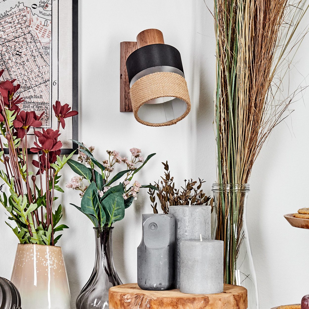 hofstein Wandleuchte Wandlampe aus Holz/Metall/Stoff/Leinen in Natur/Chrom/Schwarz/Klar, ohne Leuchtmittel, verstellbare Wandleuchte im modernen Boho-Design (Schirm 9 cm), E14