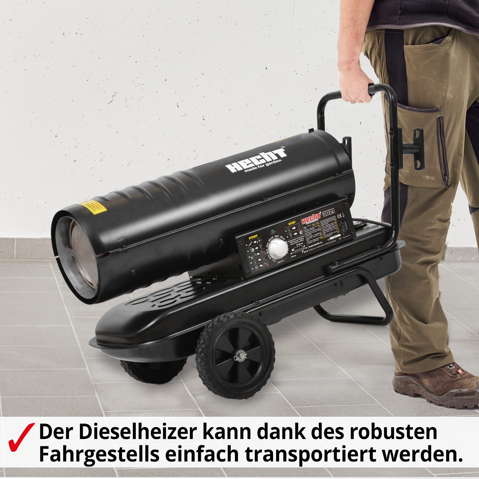 Hecht diesel heater 3021 with chassis, 20 kW, 20000 W, 70000 BTU, 588 m³/h, 393 °C, 27.6 kPa, 19 liters