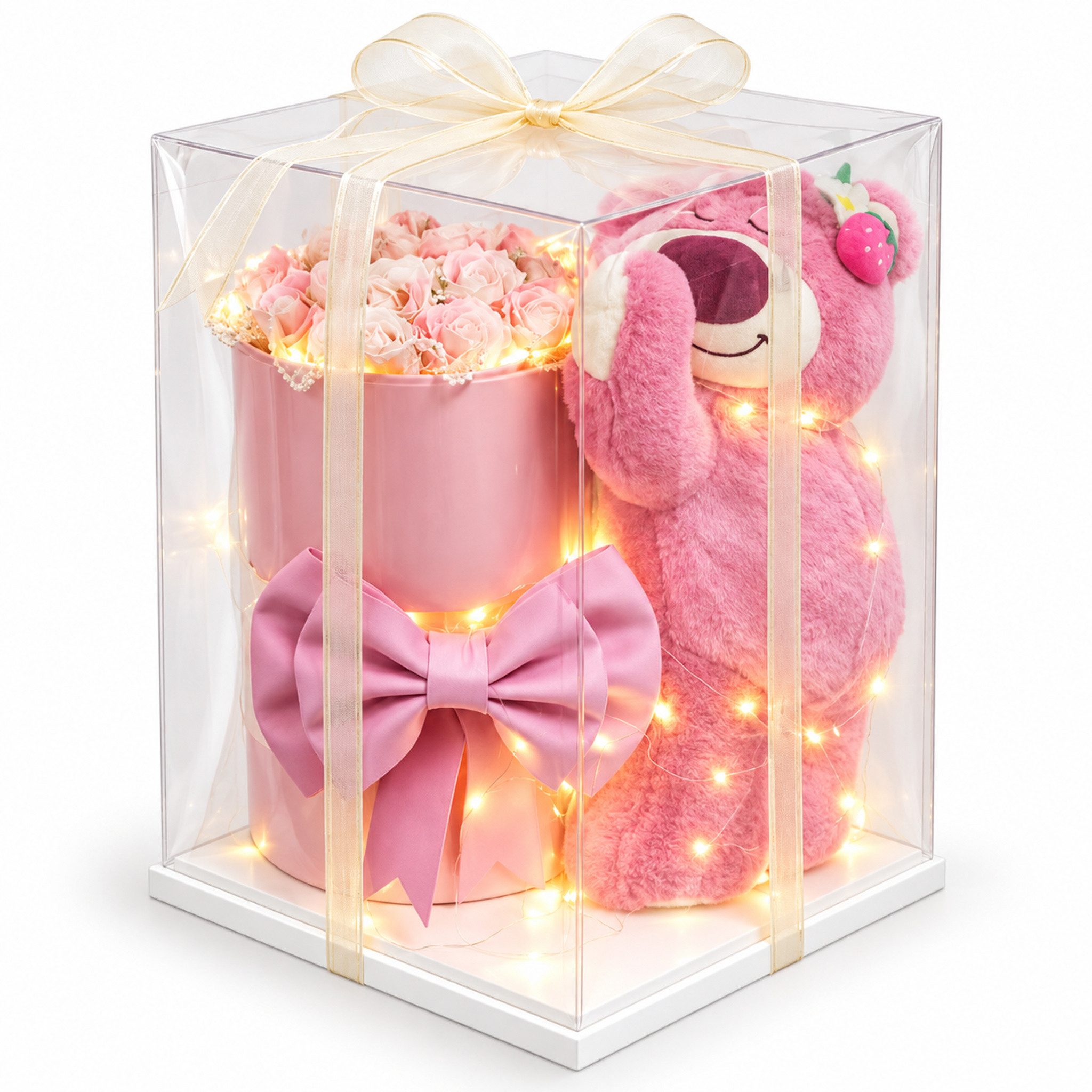 Kunstblume Geschenkbox mit Teddybär, rosa Rosen & LED – Geschenkset für Frauen, Norvéa Home, Teddy, Rosen & LED – Geschenk für Frauen, Geburtstag und Valentinstag