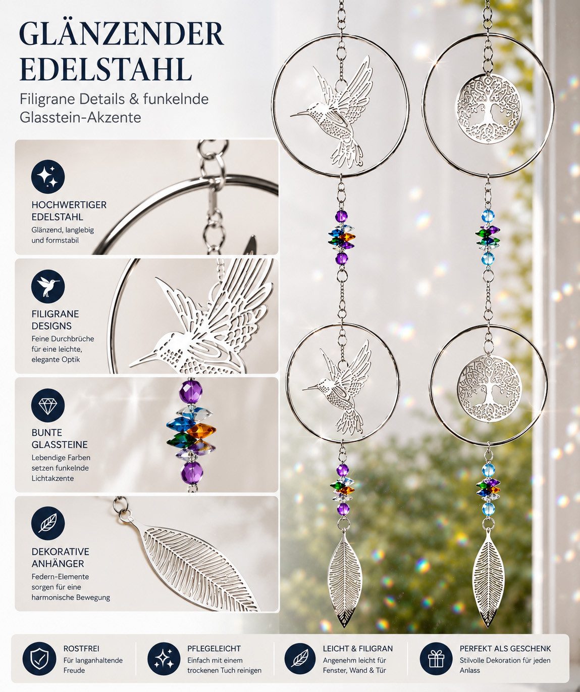 formano Dekohänger 2er Set Fensterdeko Hänger Edelstahl Kreis Hängedeko mit Vogel & Baum (2-er Set)