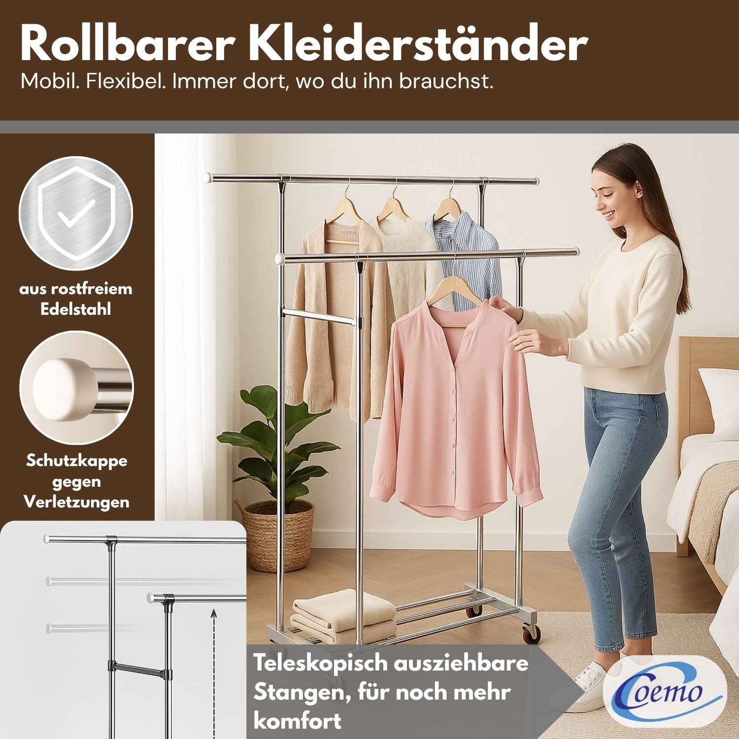Coemo Kleiderständer, Garderobenständer mit Doppelstange, mit Rollen und Ab günstig online kaufen