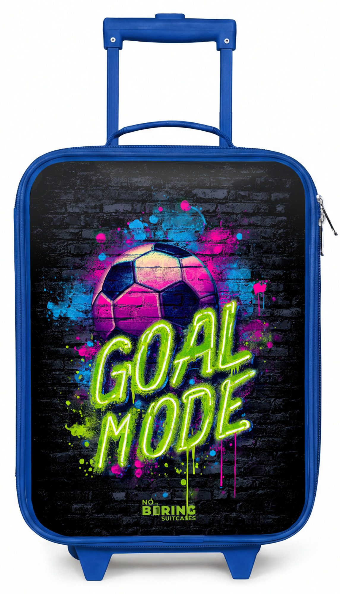 NoBoringSuitcases.com© Kinderkoffer Blau - mit leuchtende Räder - Neon - Graffiti - Fußball - Farbenfroh, 2 Rollen, Handgepäck Koffer, Trolley Kinder, Reisekoffer Jungen