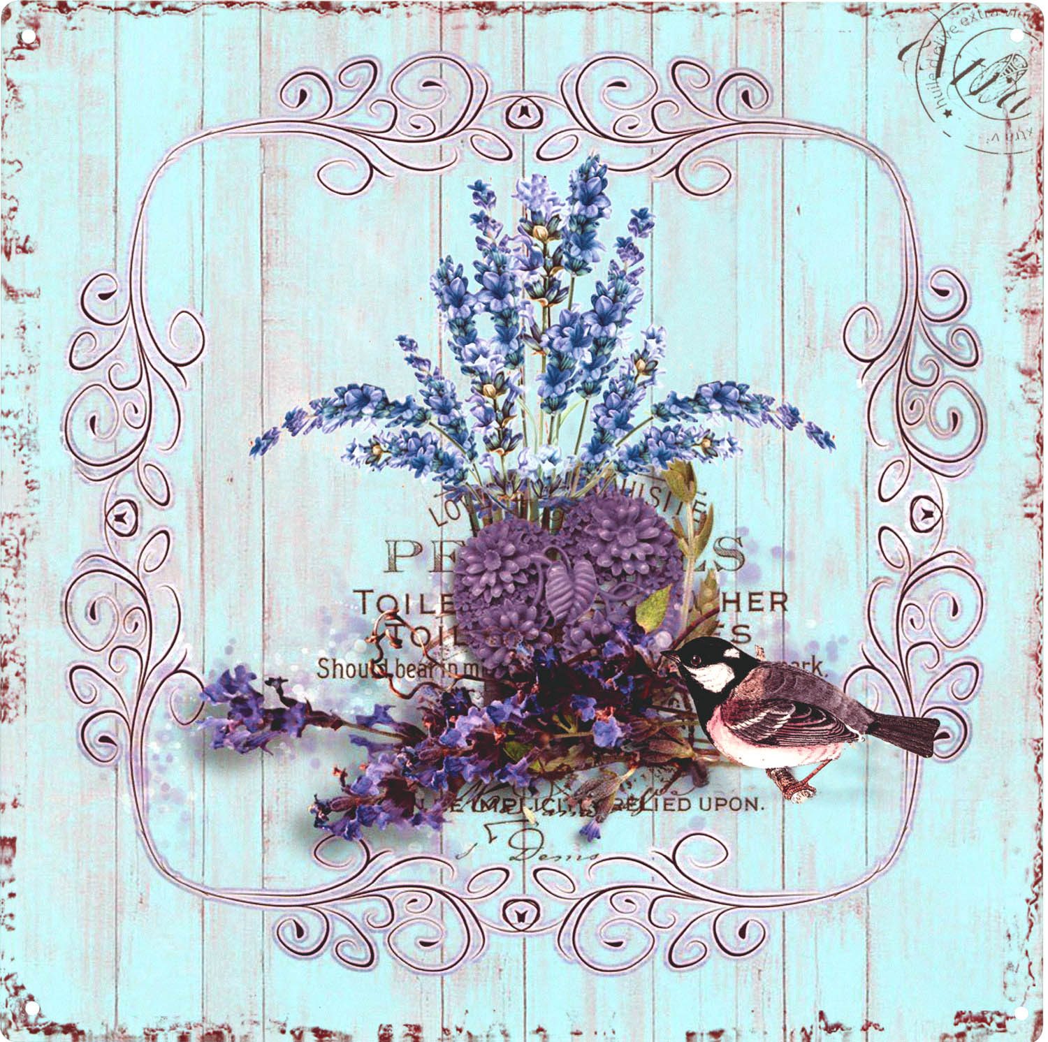 Moritz Metallschild Blechschild Lavendel und Vogel, (Einzeln), Vintage Retro Deko Schild Metallschild Wandbild Schild