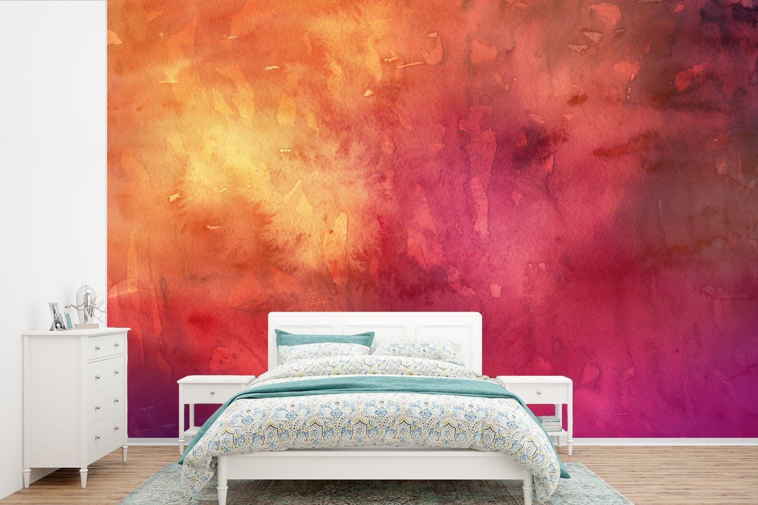 MuchoWow Fototapete Aquarell - Wohnzimmer, (6 - Vinyl Wallpaper Rot Farbton, St), für - Schlafzimmer, Tapete Orange bedruckt, Kinderzimmer, Matt