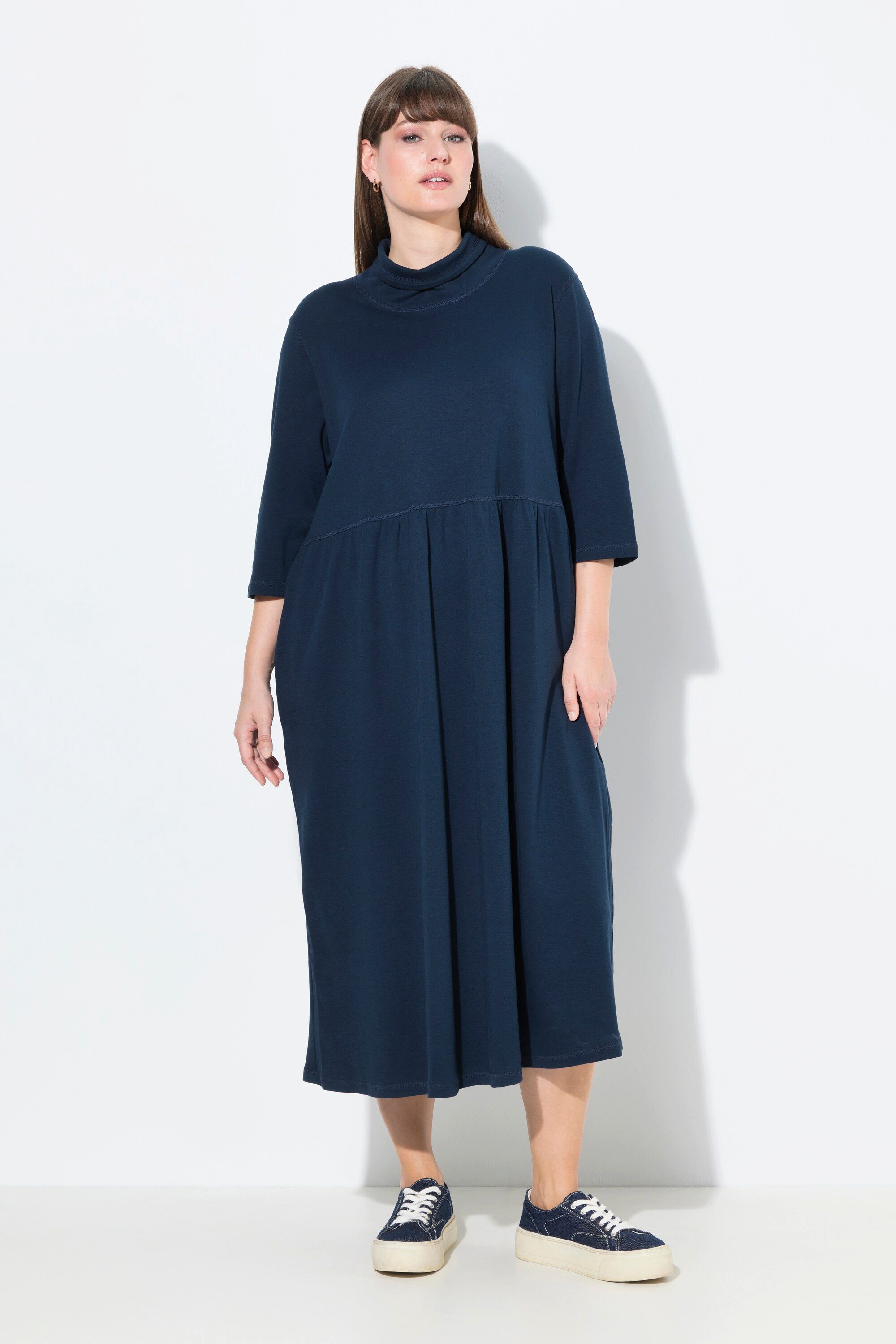 Ulla Popken Midikleid Jersey-Maxikleid Stehkragen 3/4-Arm Biobaumwolle