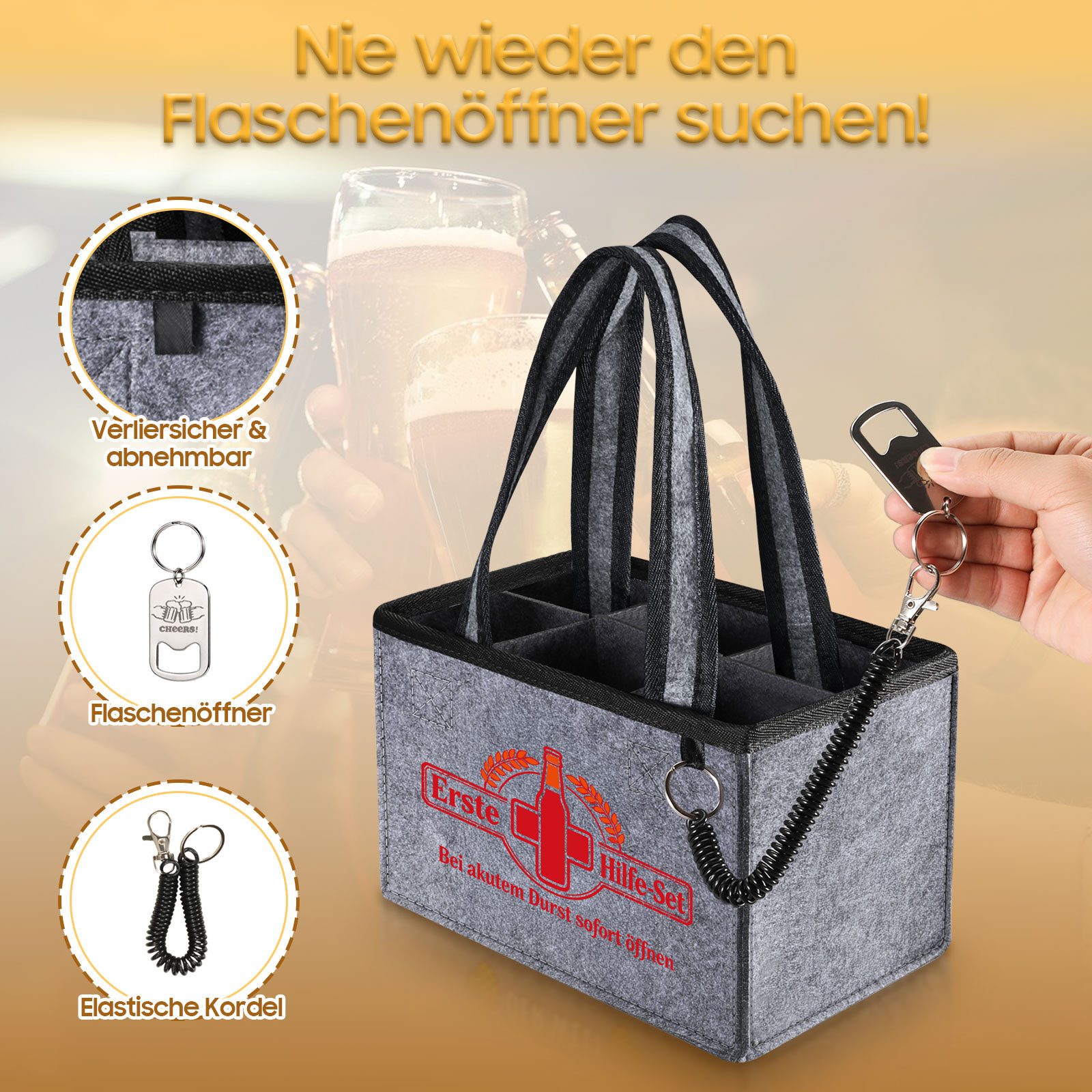 Fintie Flaschenkorb Flaschentasche mit 6 Fächern und Flaschenöffner für 0,33L/0,5L Flasche, Männerhandtasche Bier Filz Lustig Geschenke für Männer Geburtstag Pa – Bild 2 von 5