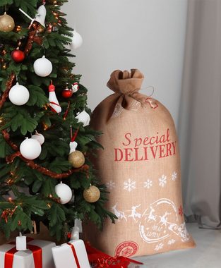 BRUBAKER Aufbewahrungstasche Weihnachtssack Special Delivery Weihnachtsmann mit Schlitten (Jutesack, 1-tlg., Weihnachten), Nikolaussack Jutebeutel Sack mit Kordel zum Verpacken von Geschenken