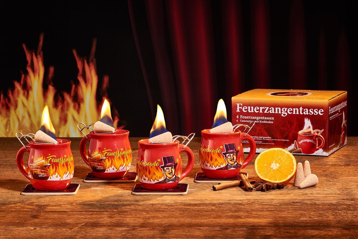 Feuerzangentasse Bowle-Set Feuerzangentasse 4er-Set (Feuerzangenbowle Set, 9-tlg., 4x Feuerzangentasse, 4x Korkuntersetzer, 1x Rezeptheftchen), hitzebeständige Keramik, Edelstahl-Feuerzange