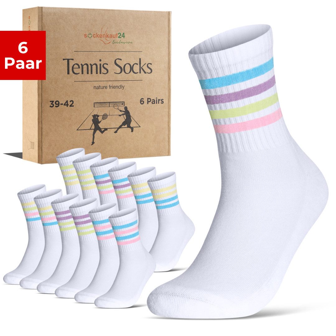 sockenkauf24 Tennissocken Damen Sportsocken Exclusive Retro Crew Socken (6 Paar) verstärkte Ferse & Fußspitze, gepolsterte Sohle, gekämmte Baumwolle