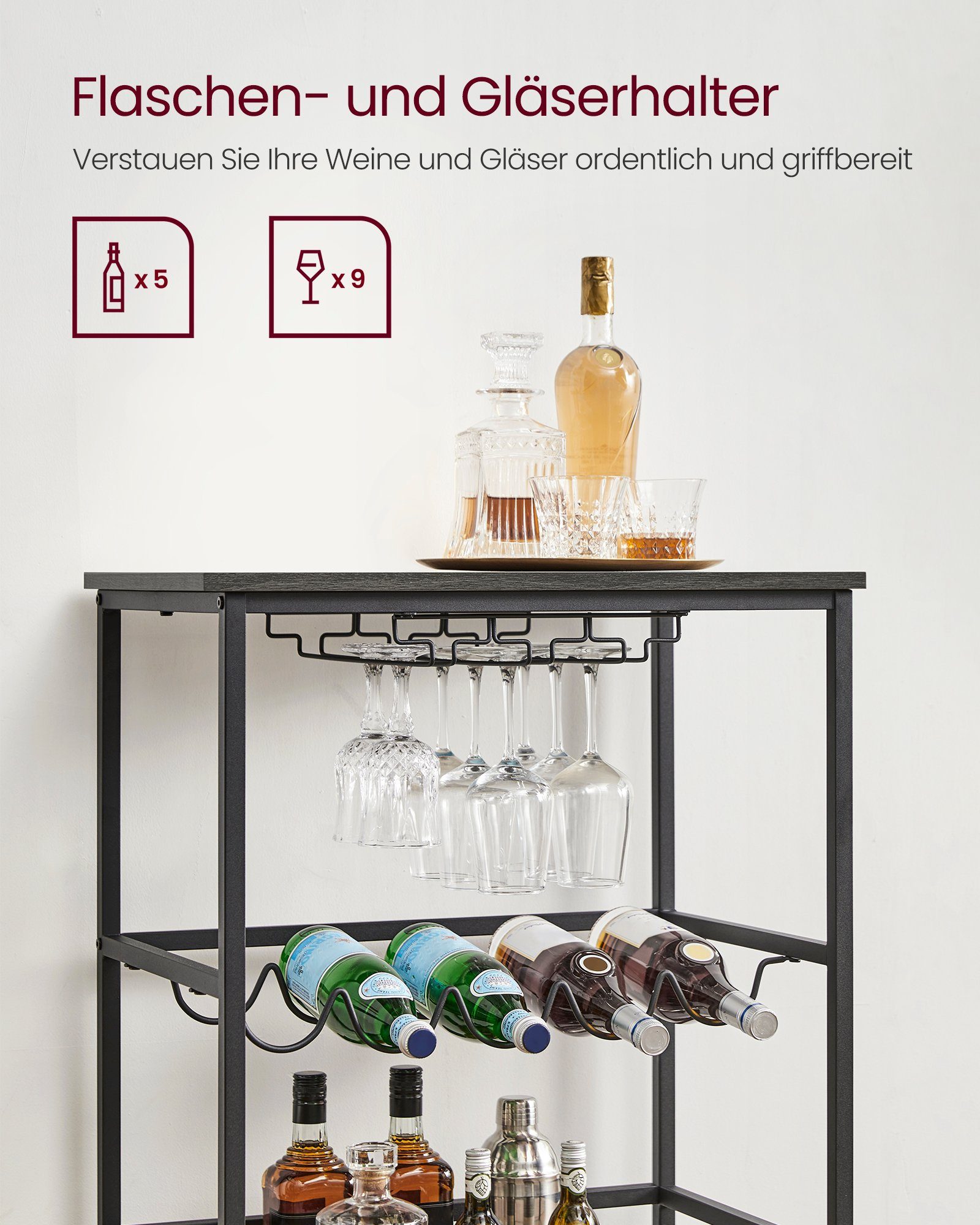 VASAGLE Servierwagen, Küchenwagen, cm Weinglashalter, Steingrau-Schwarz 60 40 82 x x