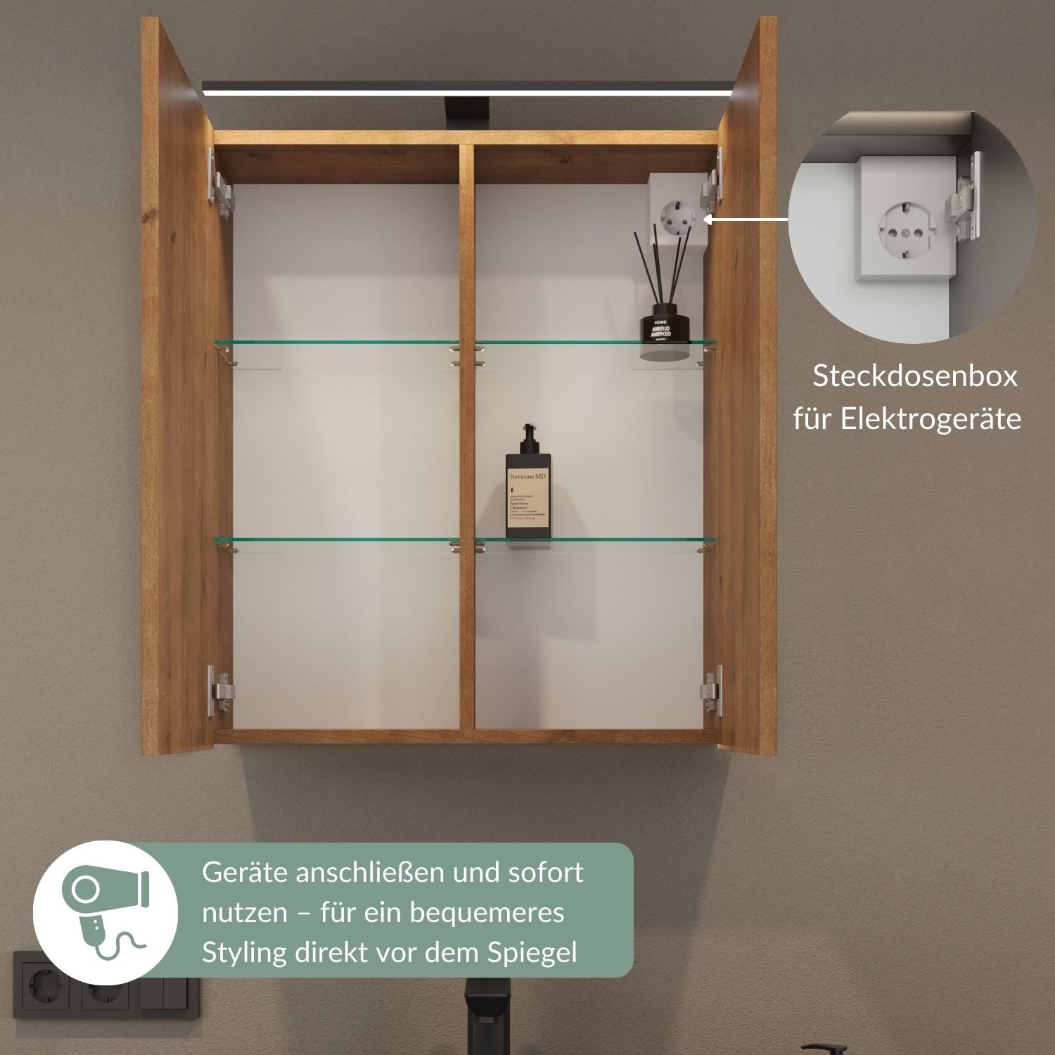 Planetmöbel Badezimmerspiegelschrank Spiegelschrank ARIA (Spiegelschrank Bad mit Beleuchtung und Steckdose, Badschrank mit Spiegel hängend)